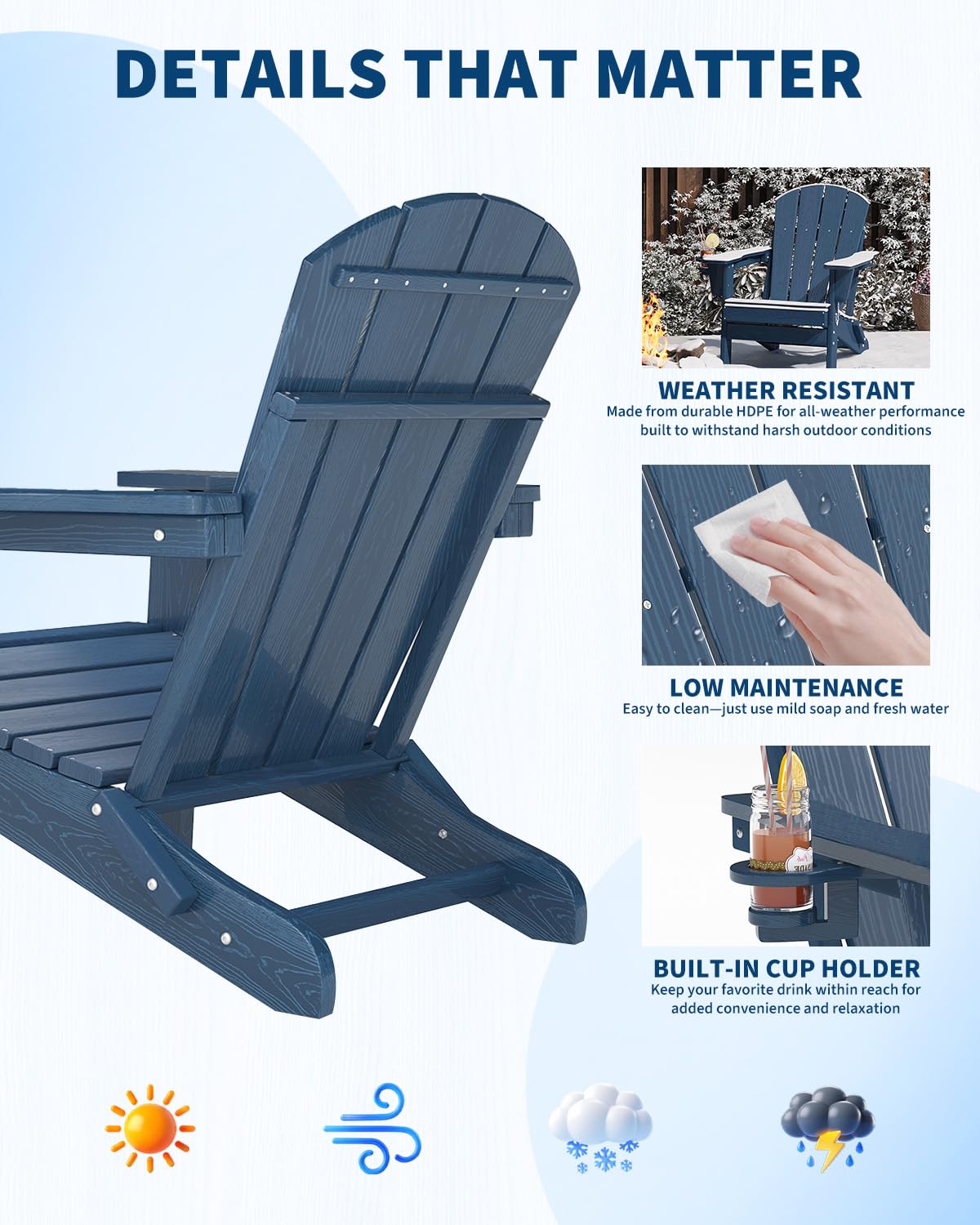 GarveeLife Folding Adirondack Chair Set of 2 with Side Table, All-Weather HDPE Outdoor Chair, Wooden Textured with Cup Holder for patios, Decks, Gardens, fire pits, Navy Blue