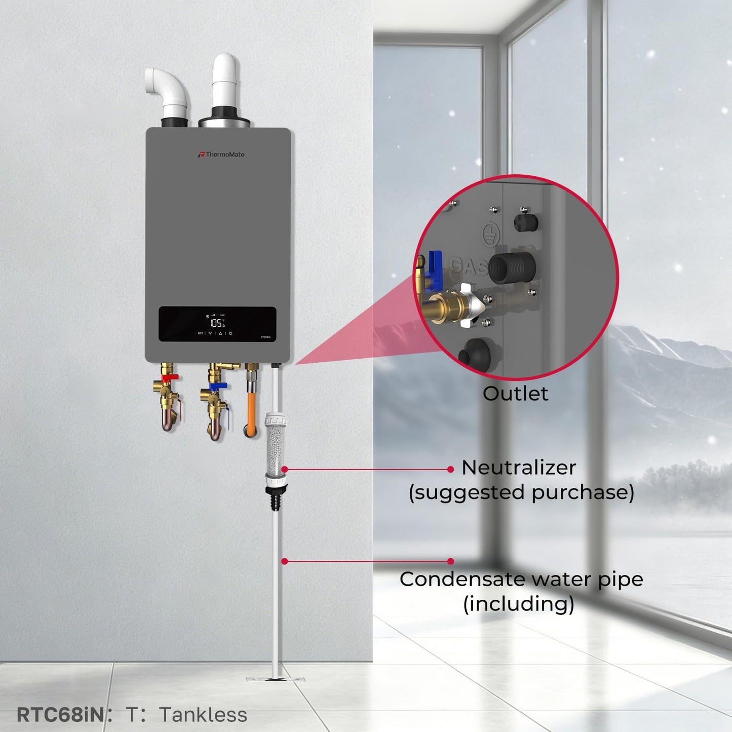 ThermoMate RTC68iN Condensing Tankless Water Heater, 0.91 UEF High Efficiency On-Demand Hot Water for Whole House Use, Up to 9.38 GPM 163,000 BTU, Energy Saving Instant Heating, Natural Gas