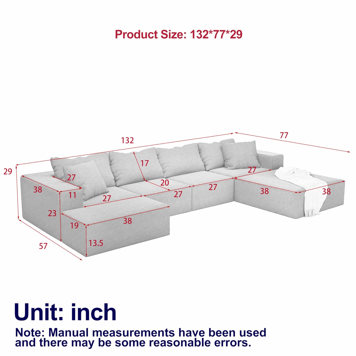 Oversized Boneless Modular Sectional Sofa Cloud Couch for Living Room - Convertible 6 Seater Chenille Couches Set with Ottoman, No Assembly Floor Compression Sofa with Memory Foam