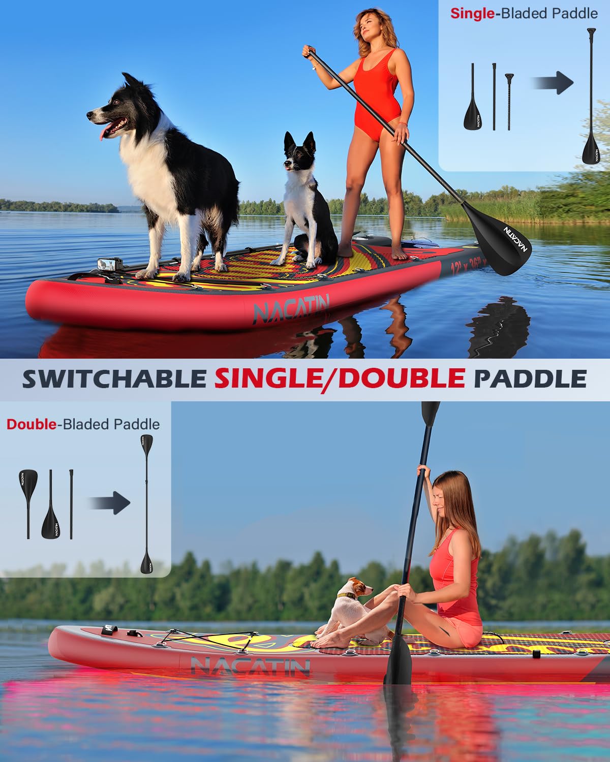 NACATIN Inflatable Stand Up Paddle Board - Premium SUP Board with Dog Ramp Kit,Complete SUP Set Paddle Boards for Adults with Single/Double Paddle, Backpack, Suitable for Paddle Boarding with Dog