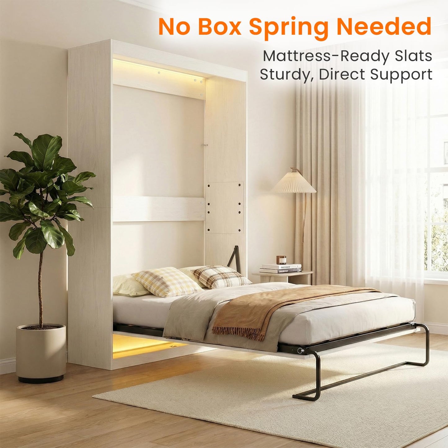 CECER Queen Size Wall Murphy Bed with LED Lights，Queen Murphy Cabinet Beds with Gas Struts，Space-Saving Wall Beds Cabinet Bed for Guest Room/Bedroom-White