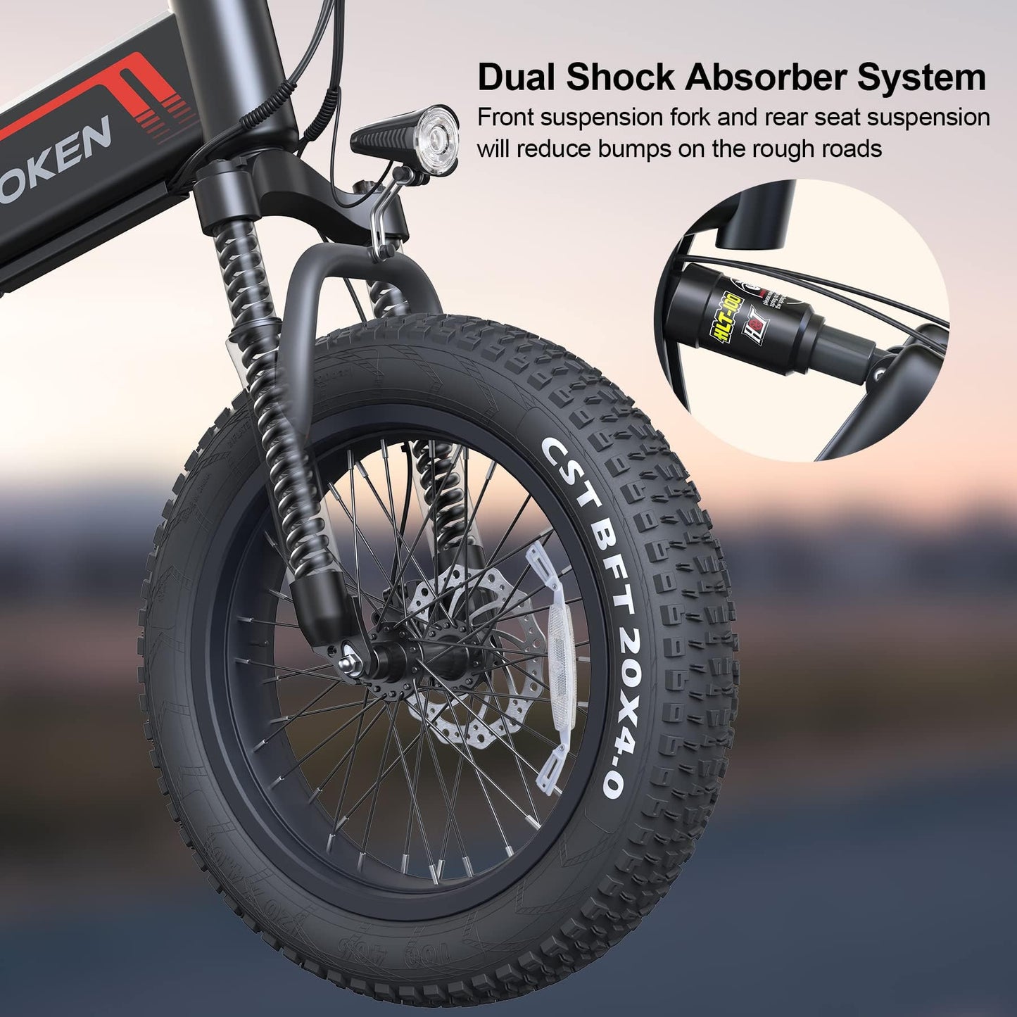 Wooken Electric Bike for Adults, 20''x4.0 Fat Tire Ebike for Adults, Peak 750W Motor Folding Electric Bicycle with 48V 10Ah Battery, 7 Speed, Full Fuspension, 20MPH Ebike for Mountain Beach Snow