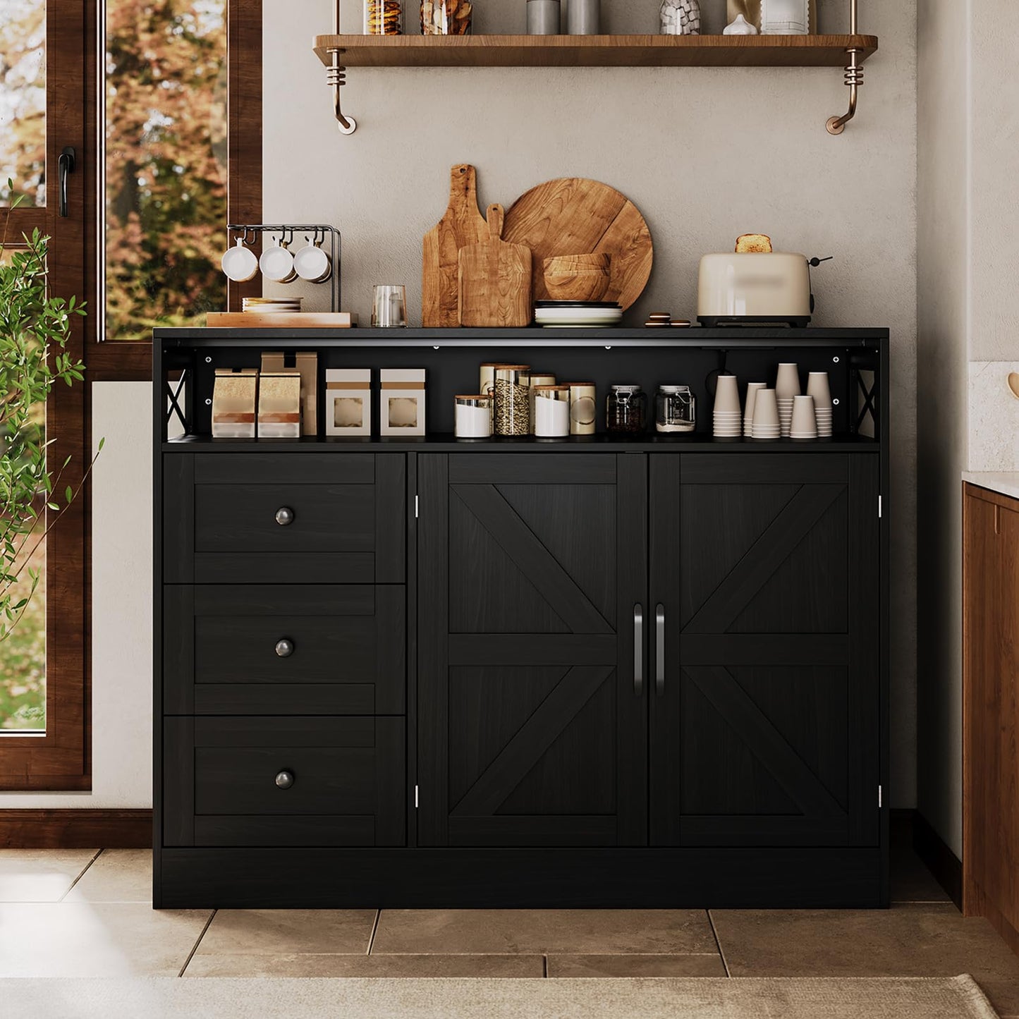 Farmhouse Buffet Cabinet with 3 Drawers & Open Shelf, Sideboard with Storage, 47" Kitchen Pantry Cabinet Hutch, Coffee Bar Station with Built-In Power Outlet for Kitchen, Dining Room- Black