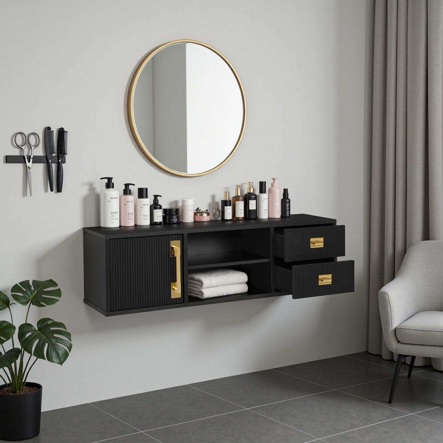 BarberPub Wall-Mounted Barber Station with Golden Handles, Storage Drawers, Open Shelves, Modern Hanging Storage Organizer for Barber Shop or Salon 2504