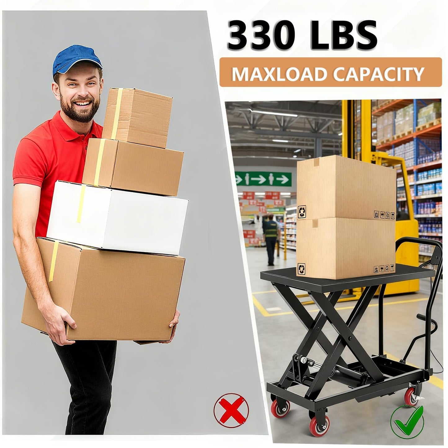 330 Lbs Heavy Duty Single Scissor Hydraulic Lift Table Cart – 28.5" Max Lifting Height, 4 Swivel Casters, Non-Slip Platform Pad, Mobile Material Handling & Transport for Warehouse, Workshop & Garage