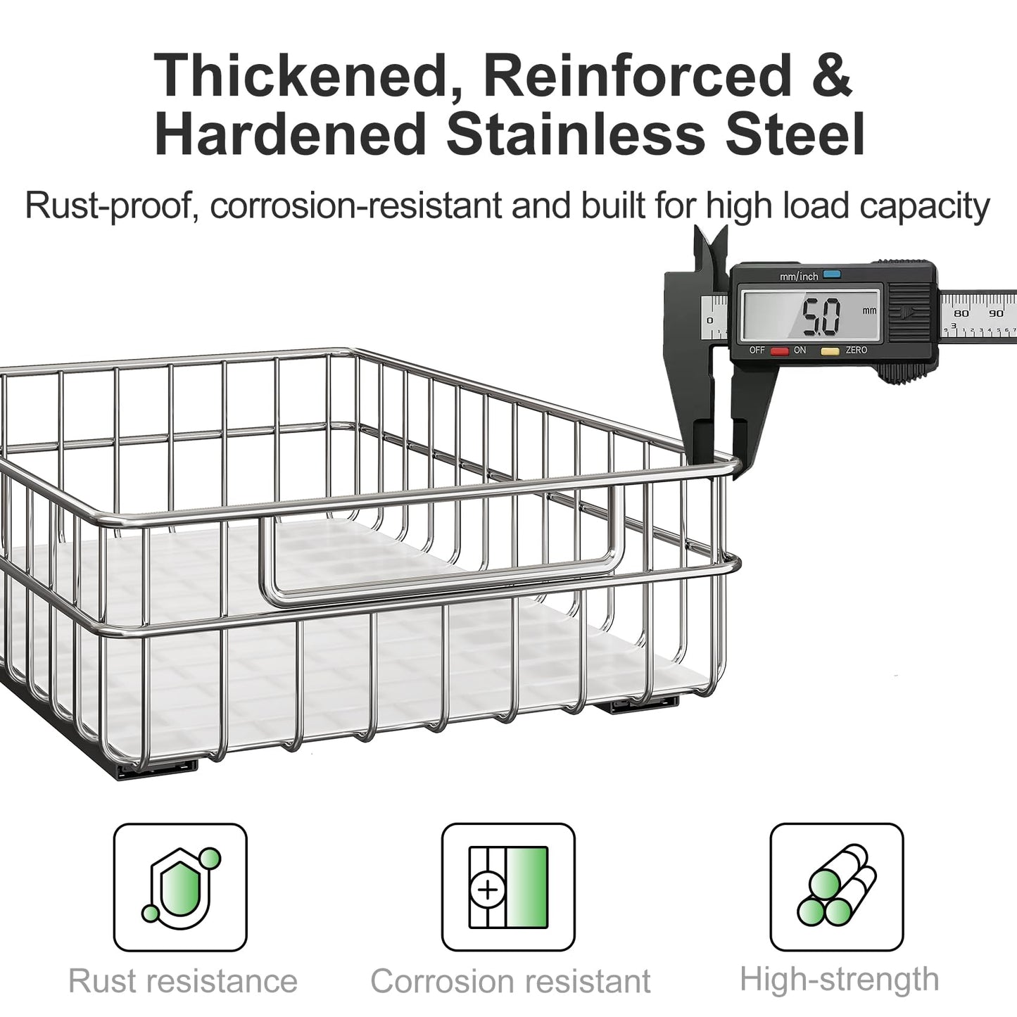 Pull out Cabinet Organizer, Stainless Steel 4-Pack Slide out Drawer with Silent Full-Extension Slides, Adhesive Roll out Can Spice Storage Basket Shelf Rack for Pantry, Kitchen, Bathroom, Home Closet