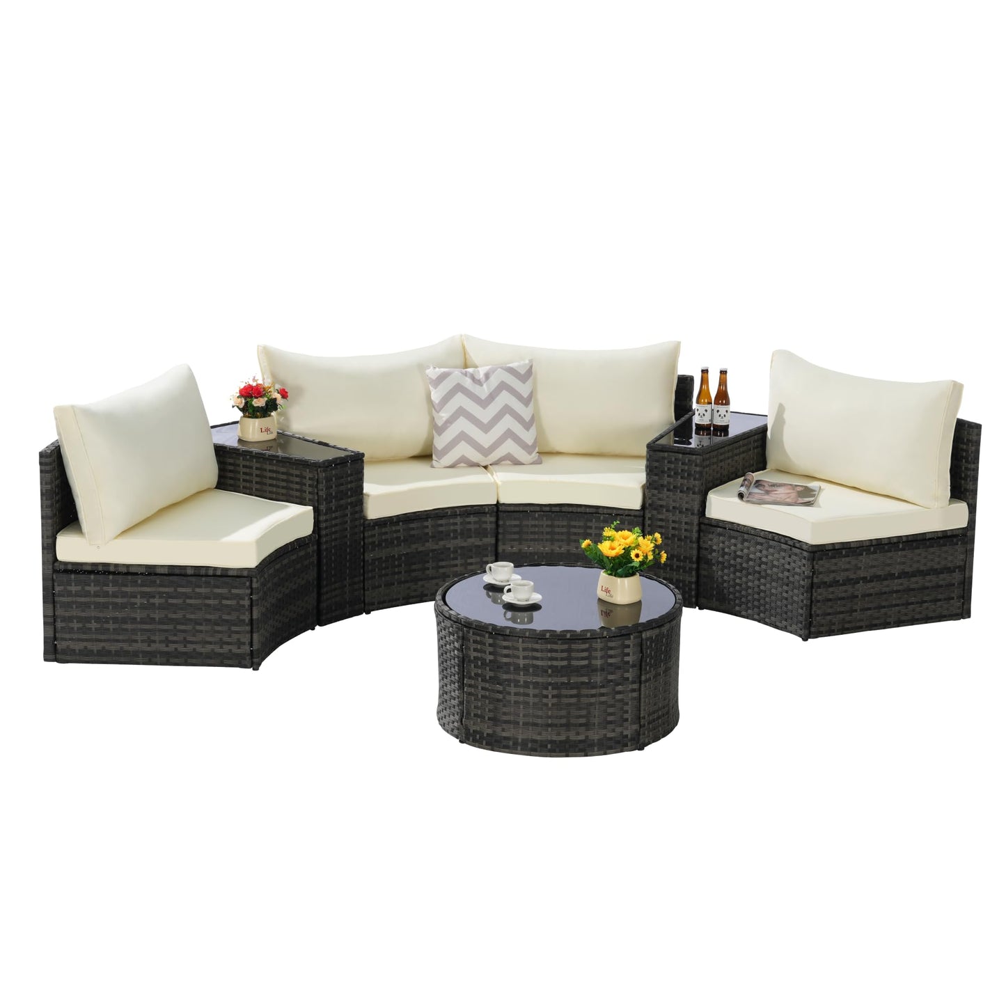 KEIKI Outdoor Patio Furniture 7-Piece Half-Moon Curved Sectional Sofa Set, All-Weather Wicker Patio Conversation Set with Round Coffee Table and 2 Storage Armrests for Poolside Backyard, Beige