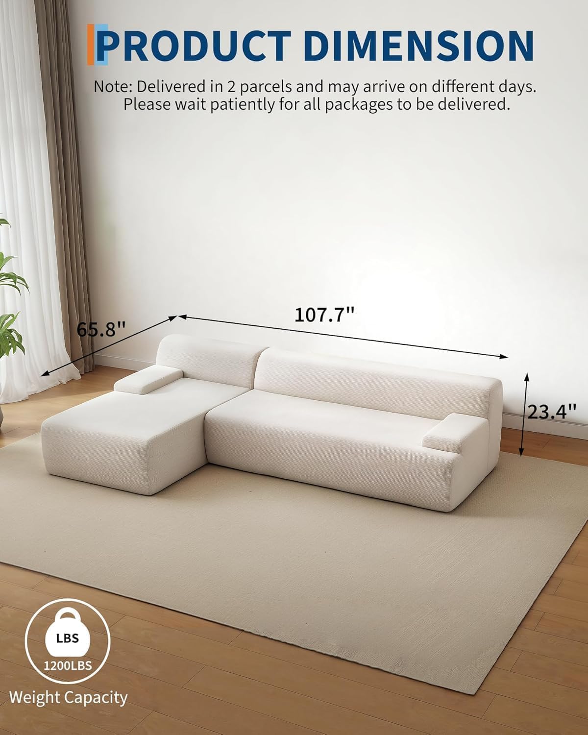 PeakPursuit Oversized 108" Corduroy Cloud Sectional, Left-Facing Chaise Boneless Modular Sofa, Soft Deep Lounger for Living Room, No Assembly Needed