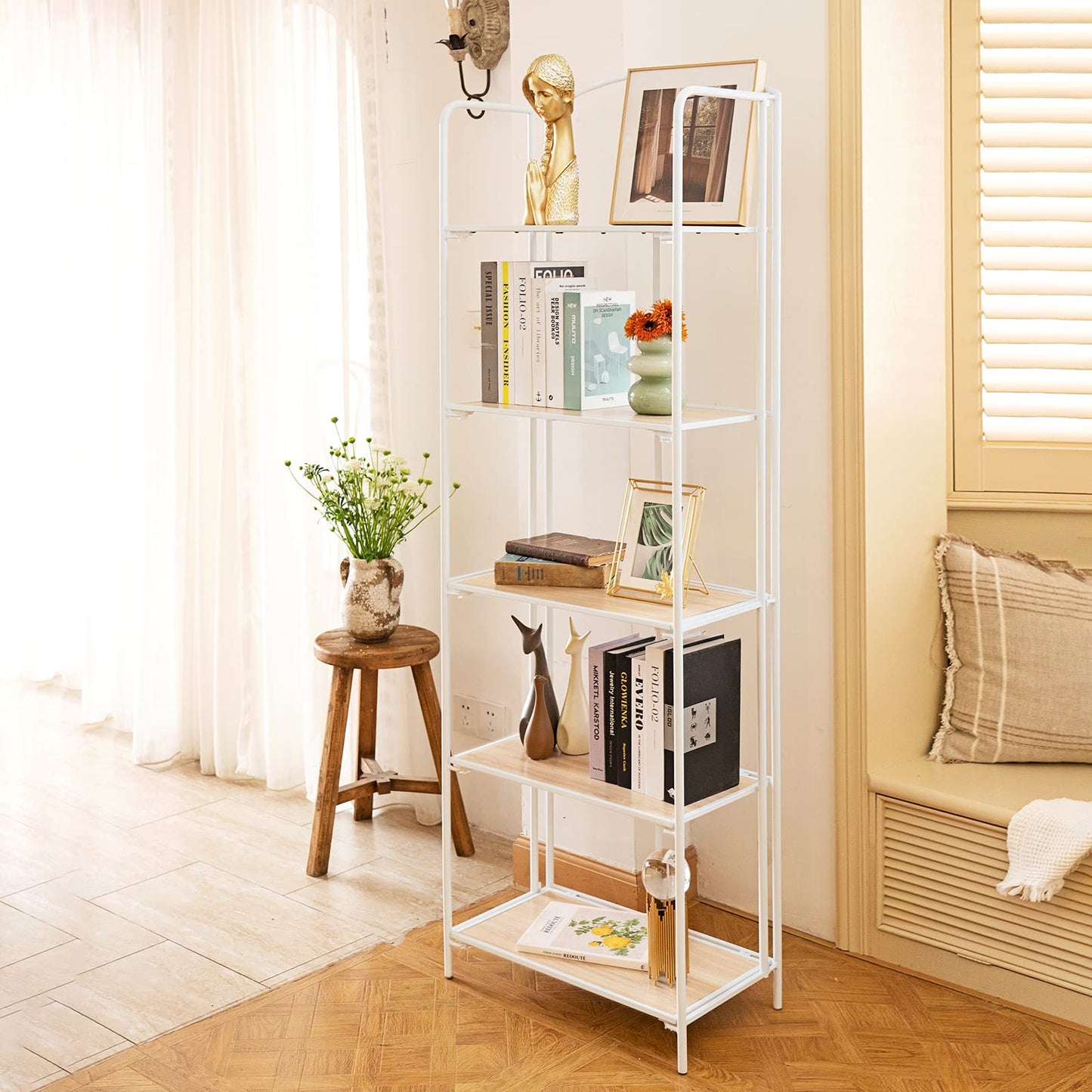Crofy 5-Tier Foldable Bookshelf, White Frame & White Oak Shelves