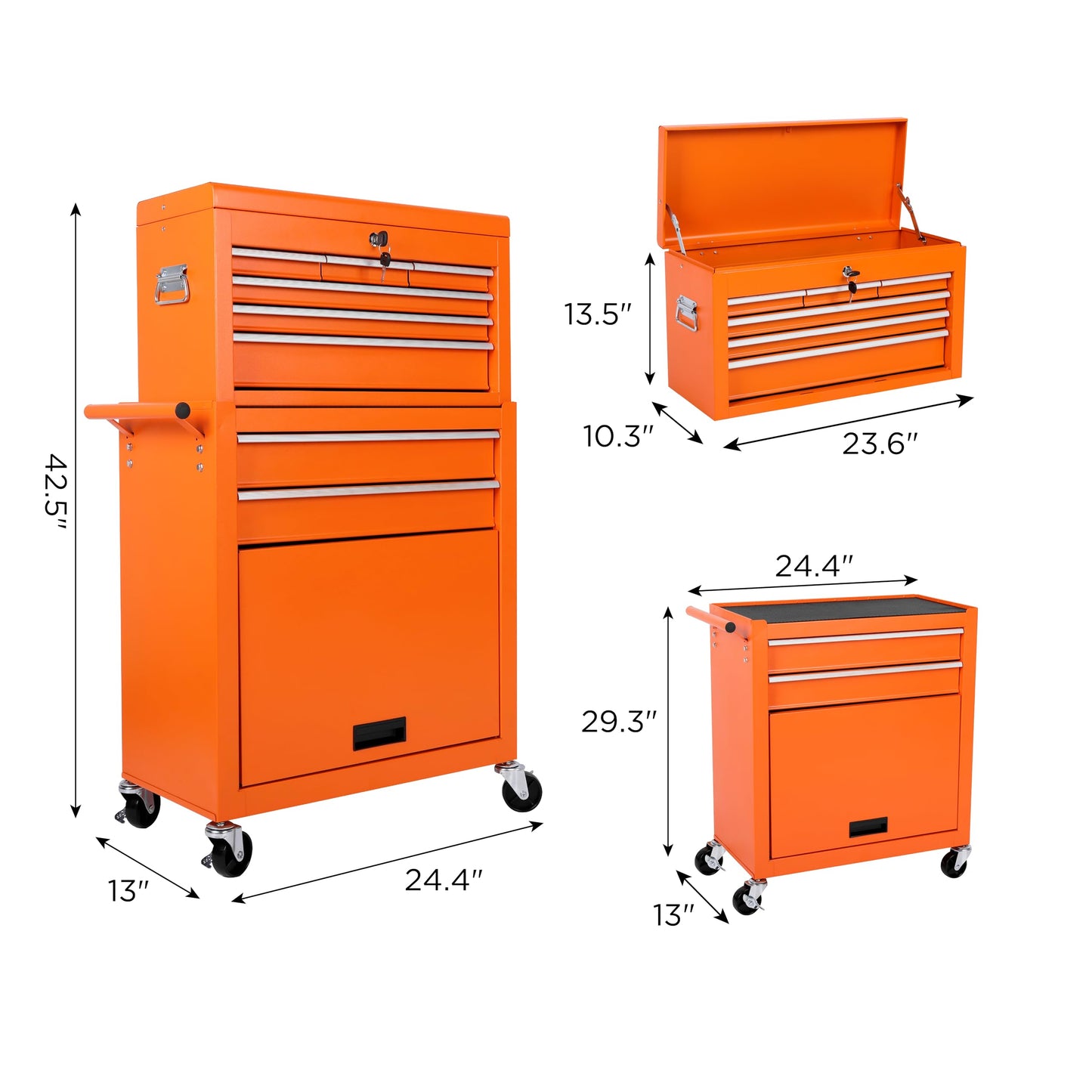 KEIKI 8-Drawer Rolling Tool Chest, Lockable 2 in 1 Detachable Top Tool Box with Drawers, Lockable Wheels, Side Hooks for Garage, Warehouse, Tool Room (Orange)