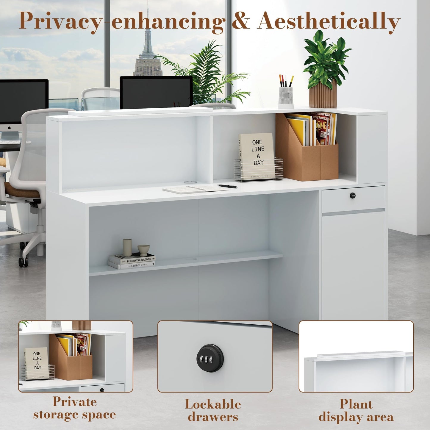 Reception Desk with Counter, Small Front Desk Reception Counter Lockable Drawer, Grille Design Wooden Modern Reception Table for Salon Lobby Office Home Supermarket (White-1)
