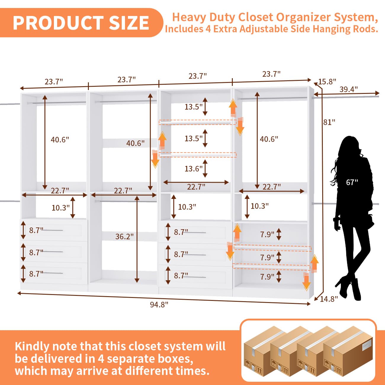 Closet System with 4 Sets, 8–21 FT Closet System with 6 Drawers, 9 Shelves & 8 Hanging Rods, Heavy Duty Closet Organizer System for Walk in Closets, Modular Custom Wood Closet Kit, White