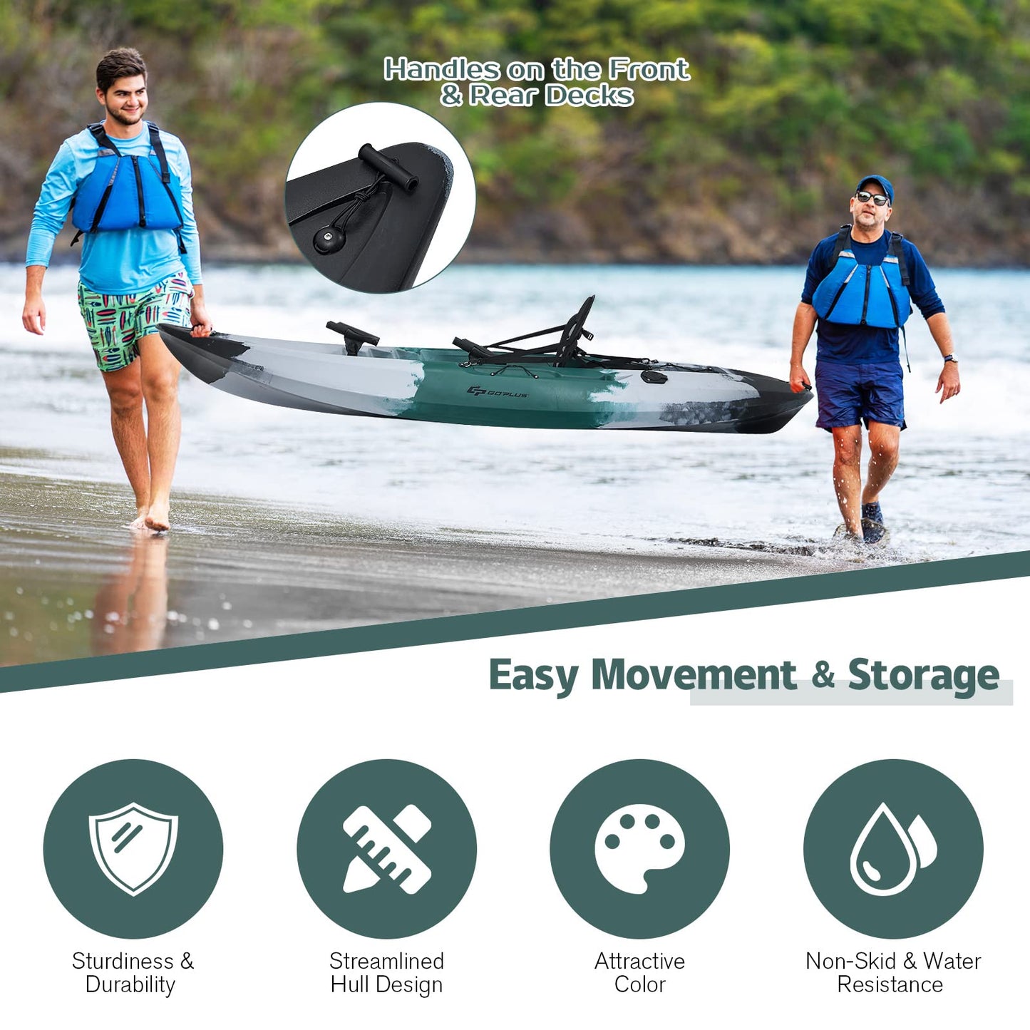 9.7FT Sit-On-Top Kayak Boat for Adults, 1-Person Fishing Kayak Raft with Aluminum Paddle & 4 Fishing Rod Holders, Portable Touring Kayak for Sea, Lake & River