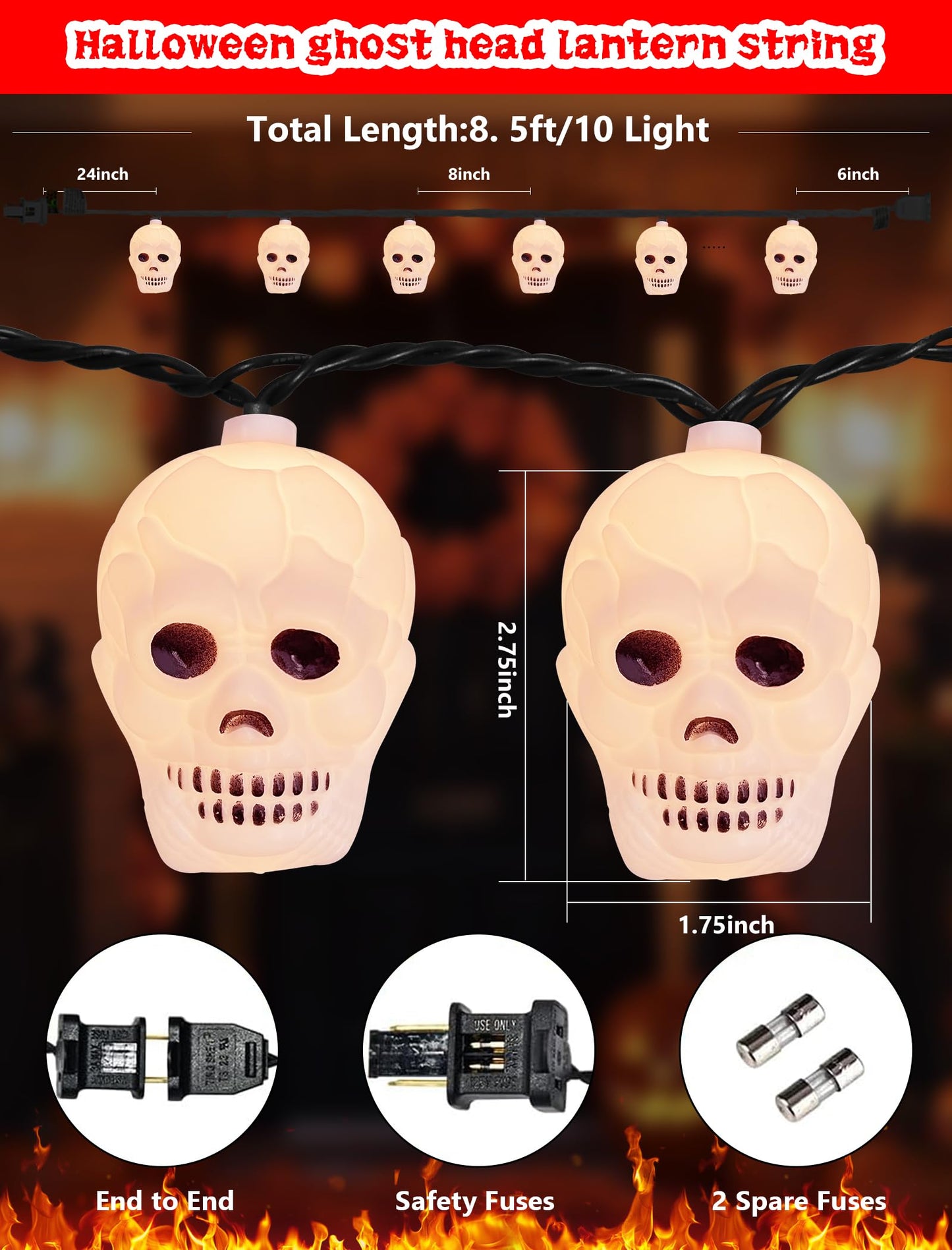 Kivonfa Halloween Ghost String Lights, 8.5Ft with 10 LED White Skeletons, Black Wire, Model LR-LED-L-10E/1F-D45