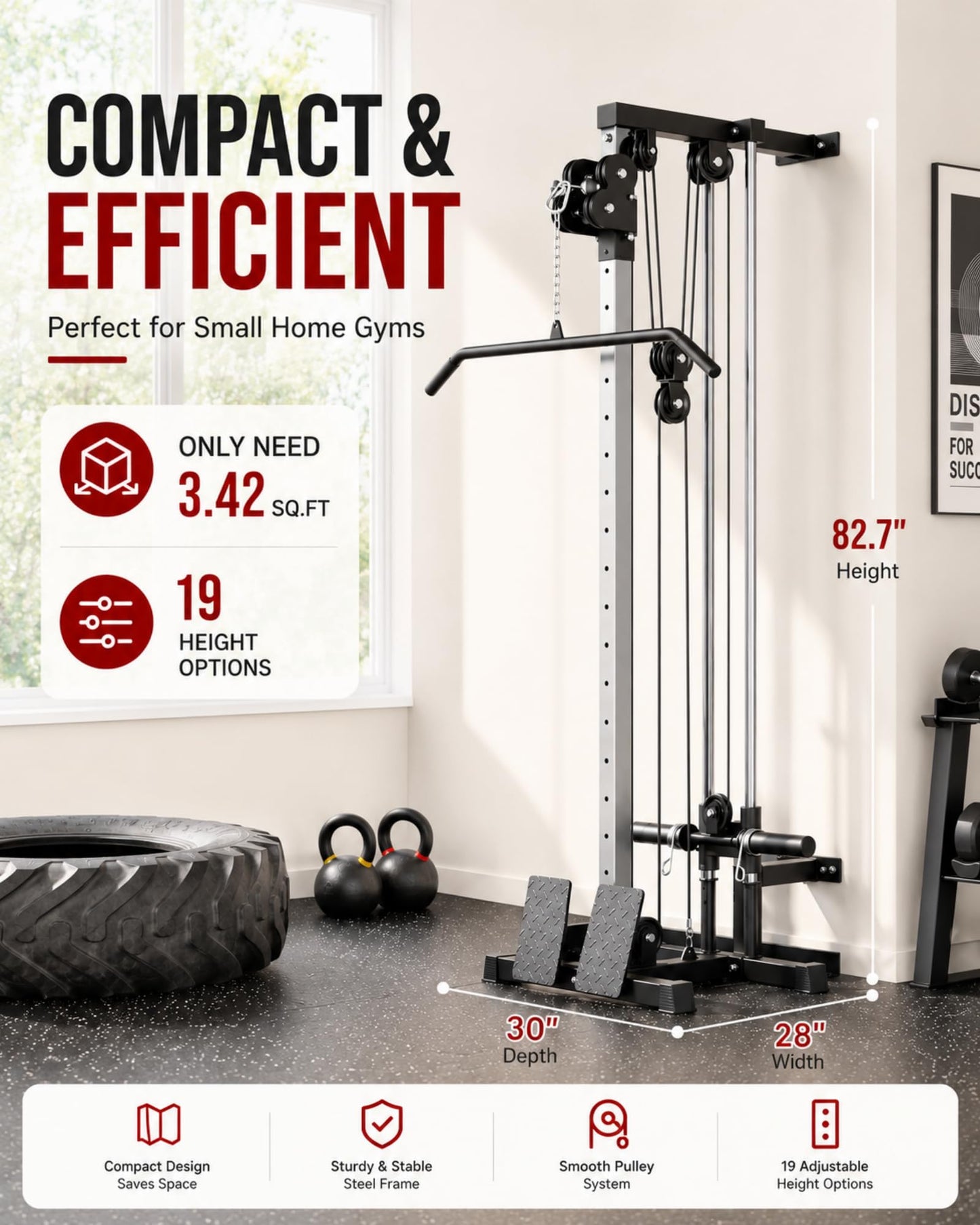 Wall Mount Cable Station – Dual Pulley Cable Crossover Machine with 18 Adjustable Positions, Tricep Rope, T-Bar, LAT Pulldown Bar & Foot Board for Home Gym Strength Training