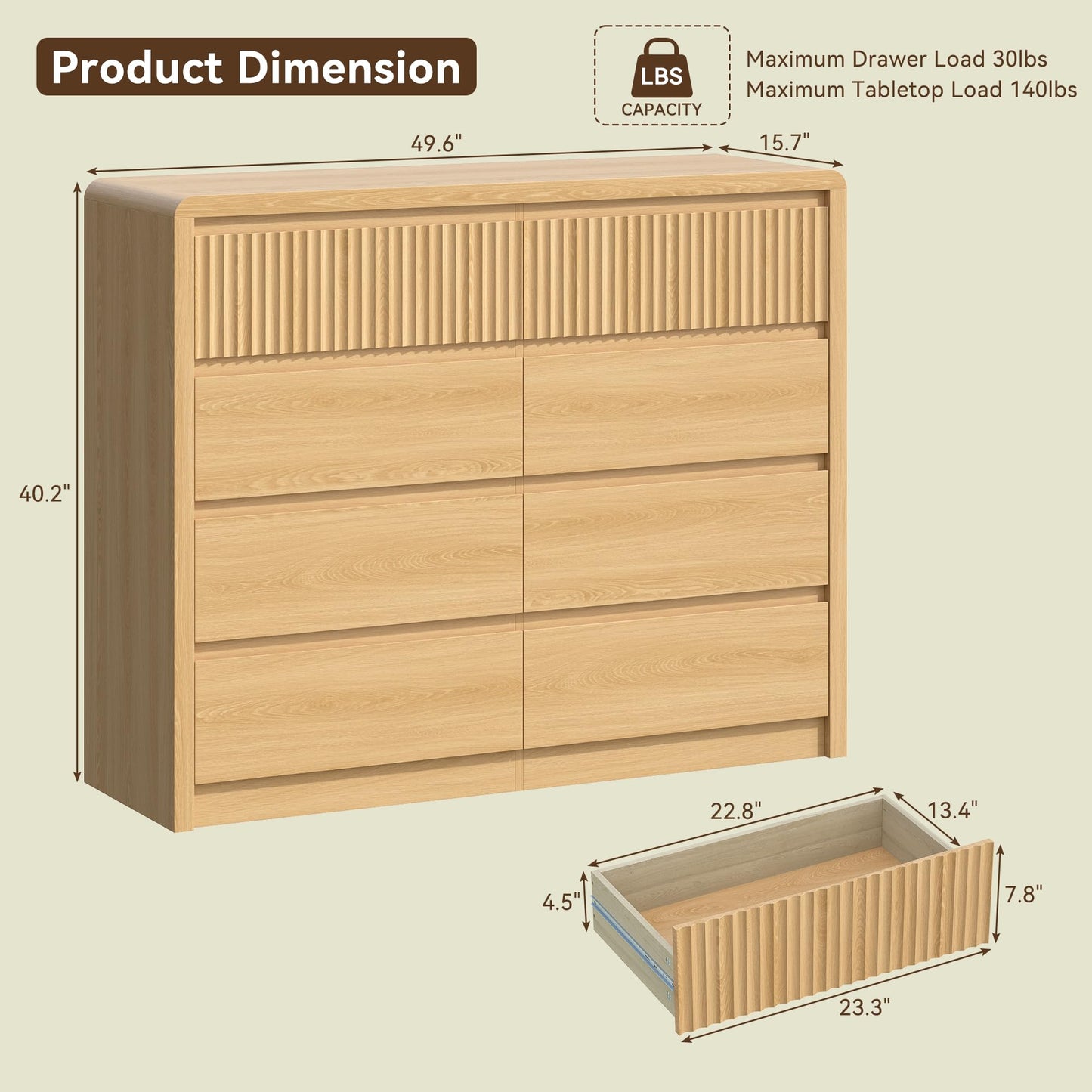 BAZELOR Fluted 8 Drawer Dresser for Bedroom, 50” Wide Modern Dresser & Chest of Drawers with Curved Profile Design, Wood Mid Century Dressers for Bedroom, Living Room, Oak