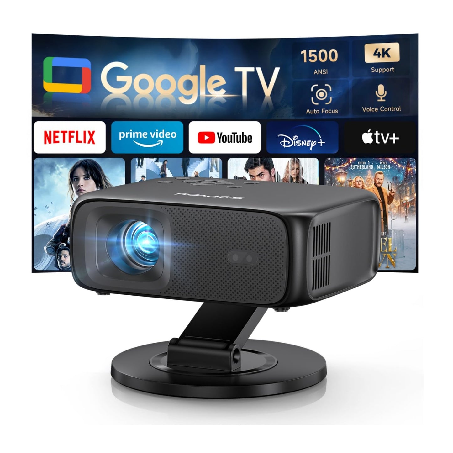 SOPYOU 1500ANSI Google TV Smart Projector, Auto Focus & Keystone,with Stand