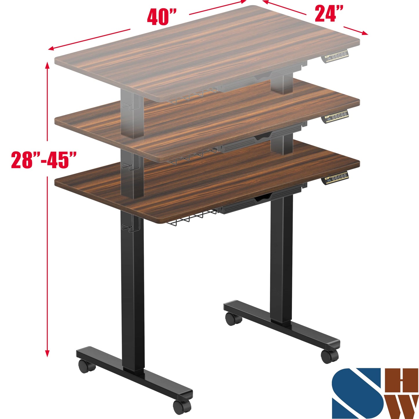 SHW 40-Inch Mobile Electric Height Adjustable Sit to Stand Desk with Drawer, Hanging Hooks and Cable Management, Walnut