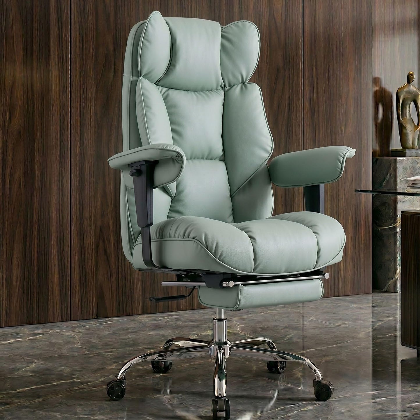 Efomao Big and Tall Office Chair 400lbs - Heavy Duty Reclining Desk Chair with Footrest, Spacious High Back PU Leather Executive Chair, Double-Layer Spring Support, Green