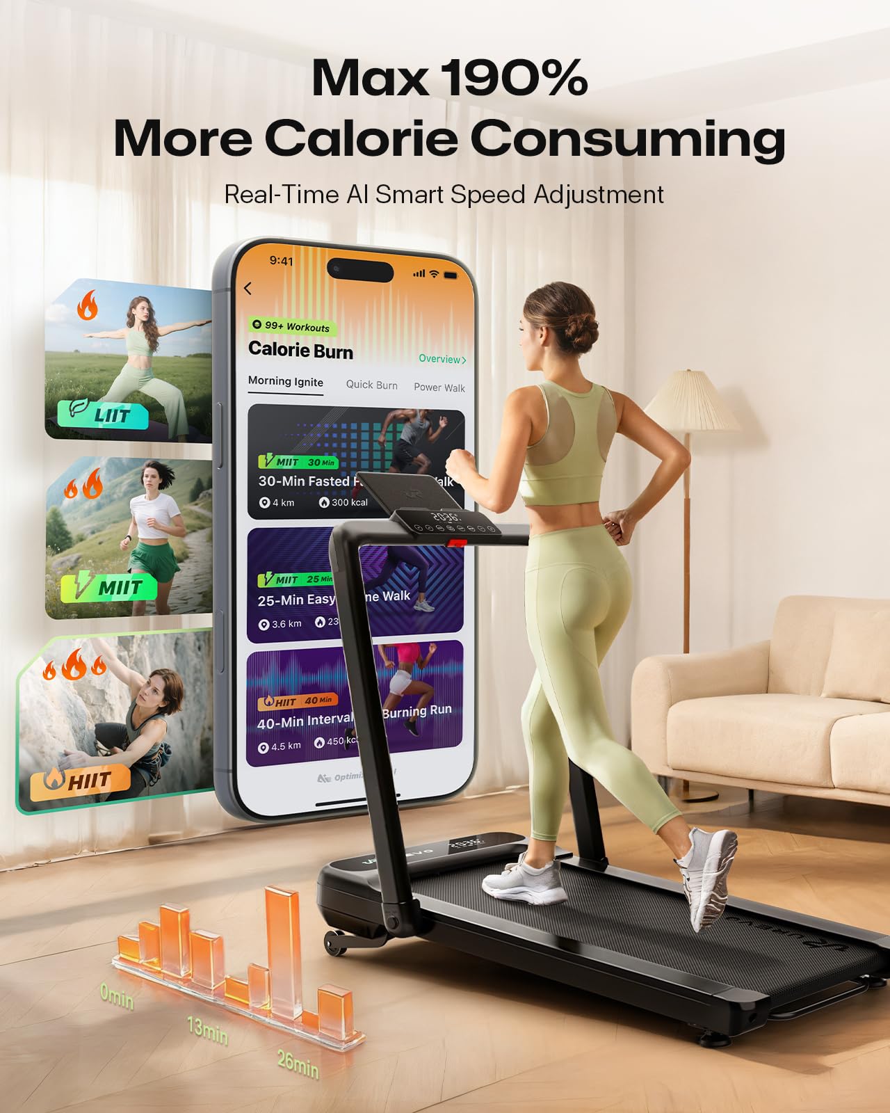 Smart Treadmill with 9% Auto Incline, Hiking and Running Walking Pad Treadmills for Home Office, Treadmill with UREVO APP, AI Powered Music Course, HIIT Programs Synced to Scenic Route, One-Click Mute