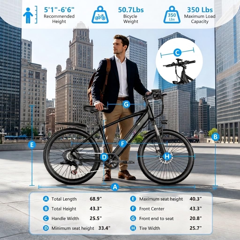 Electric Bike for Adults, 1500W Peak Ebike with 48V 12Ah Removable Battery, 26 inch Electric Bicycles for Commute, City Cruiser E-Bike for Adult, Step-Thru,7-Speed, Up to 25MPH 65 Miles
