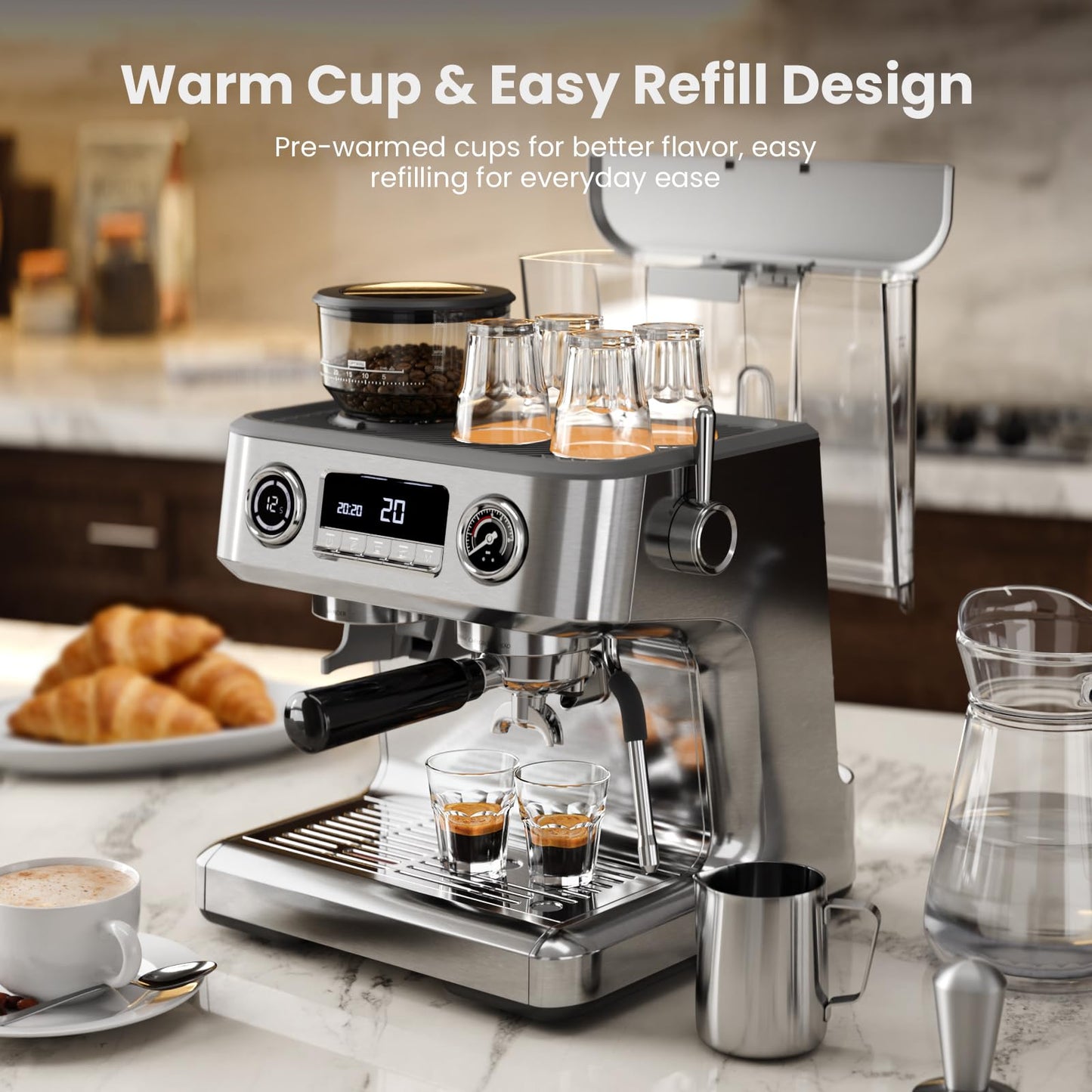 Kismile Dual Boiler Espresso Machine with Grinder, 20 Bar Espresso Maker with Milk Steamer & Hot Water, Dual LED Display, Pressure Gauge, Burr Grinder, coffee Machine for Home&Office, Stainless Steel