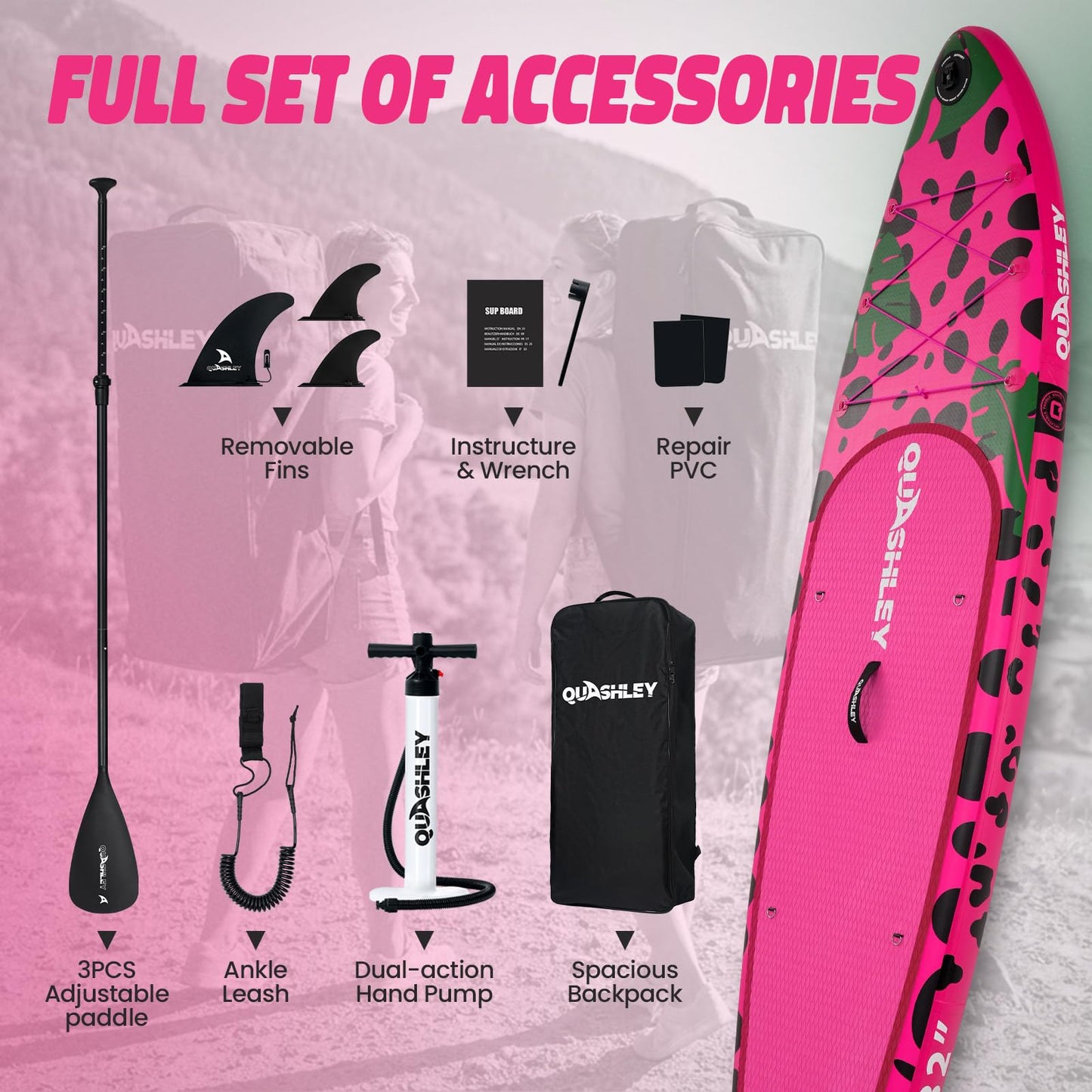 Quashley Inflatable Stand Up Paddle Board with Premium SUP Accessories,Stable Wide Design with Non-Slip EVA Deck for All Skill Levels,Ultra Stable All Around Paddleboard Leopard