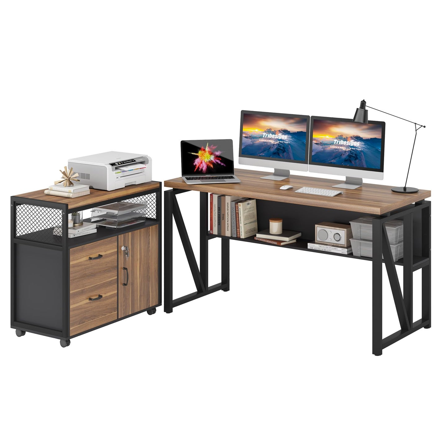 Tribesigns 55" Executive Desk with Reversible File Cabinet, Large L-Shaped Office Desk with Drawers, Business Furniture Workstation for Home Office (Dark Walnut, 55-inch)
