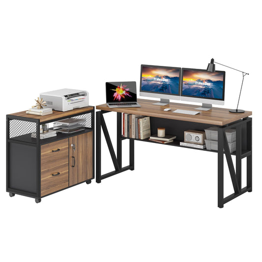 Tribesigns 55" Executive Desk with Reversible File Cabinet, Large L-Shaped Office Desk with Drawers, Business Furniture Workstation for Home Office (Dark Walnut, 55-inch)