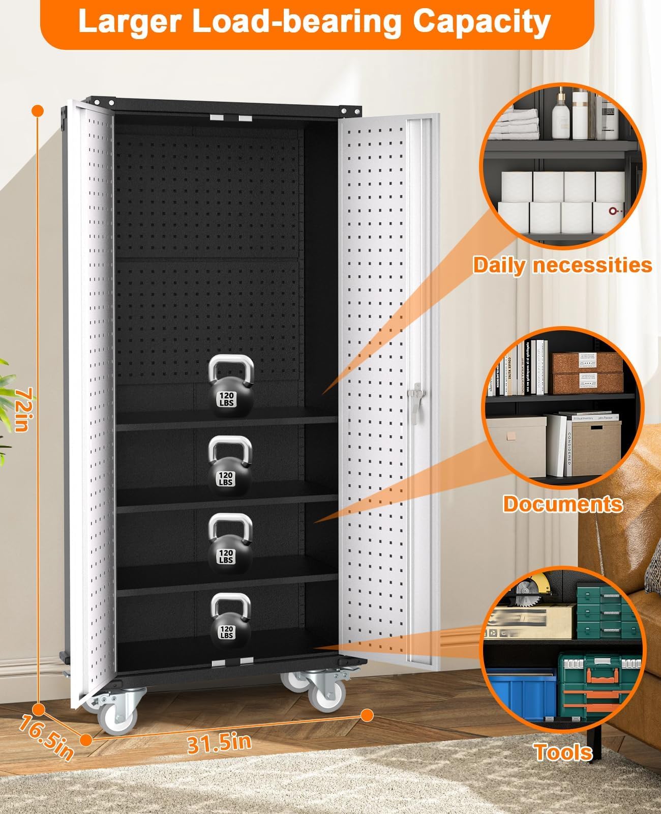 Garvee Cabinet Metal Storage Cabinet with Wheels, Heavy Duty Steel Rolling Organizer with Lockable Doors, Adjustable Shelves, Utility Garage Cabinet for Home, Office, Workshop, Laundry Room, Kitchen
