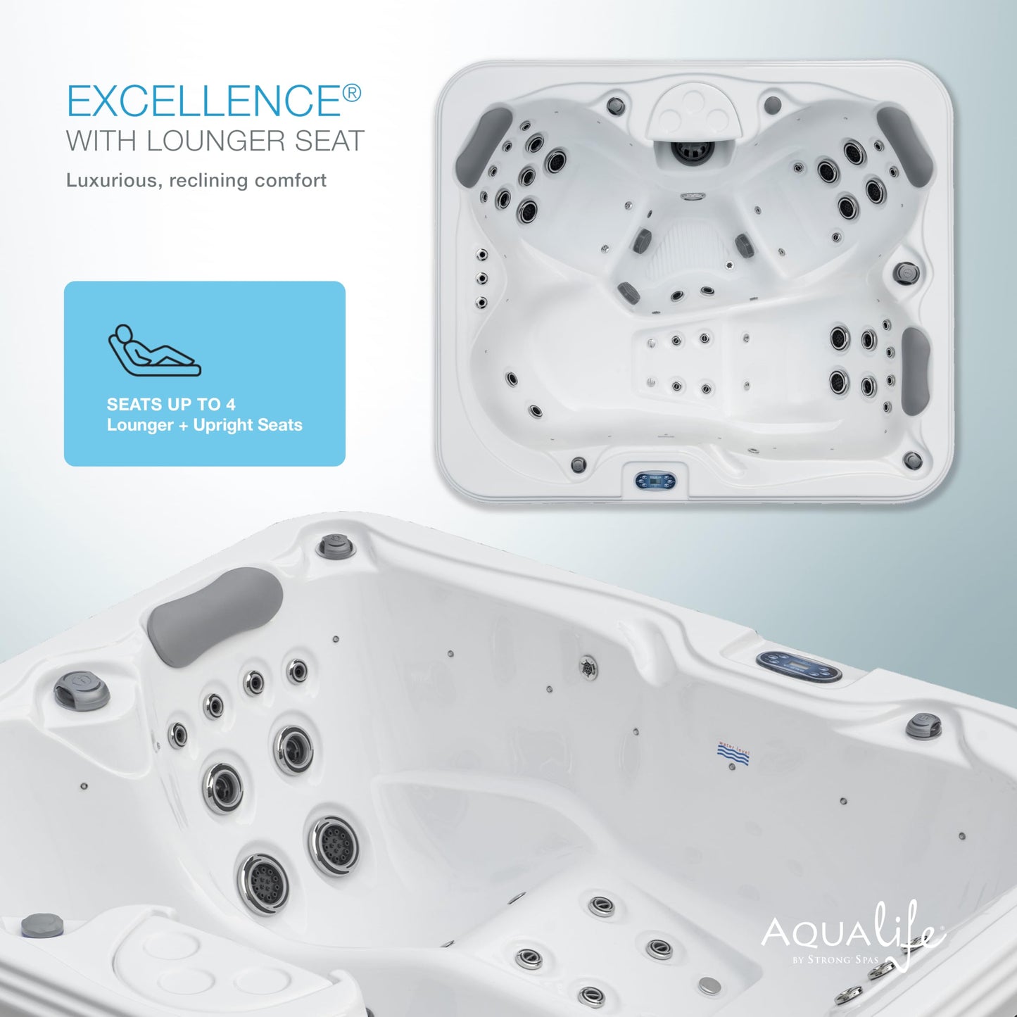 Excellence Outdoor Hot Tub, FIts 4 Adults, Indoor Outdoor Hot Tub, 41 Jets, Cover Included, Lounger Spa, Bluetooth Stereo, LED Water Fall, Wellness Tool, Aqualife by Strong Spas