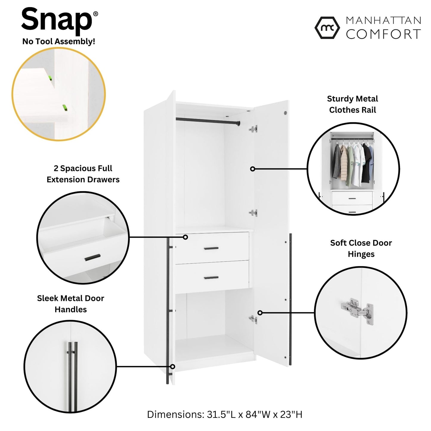 Manhattan Comfort Lee Modern Freestanding Closet 2.0 | Space-Saving Design with 1 Hanging Rod, 1 Shelf & 2 Drawers | Soft Close Hinges | No Tool Assembly Storage Cabinet, White