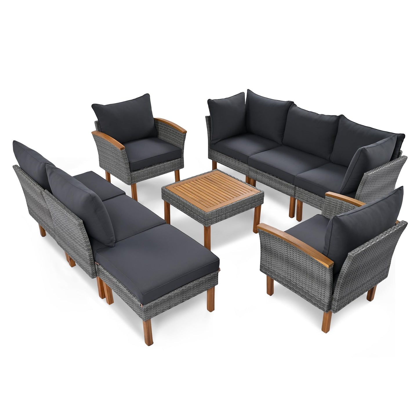 9 Piece Patio Rattan Furniture Set with Acacia Wood Legs, Outdoor Sectional Conversation Seating with Coffee Table, PE Wicker Modular Sofa with Washable Cushions for Backyard, Garden, Deck, Poolside