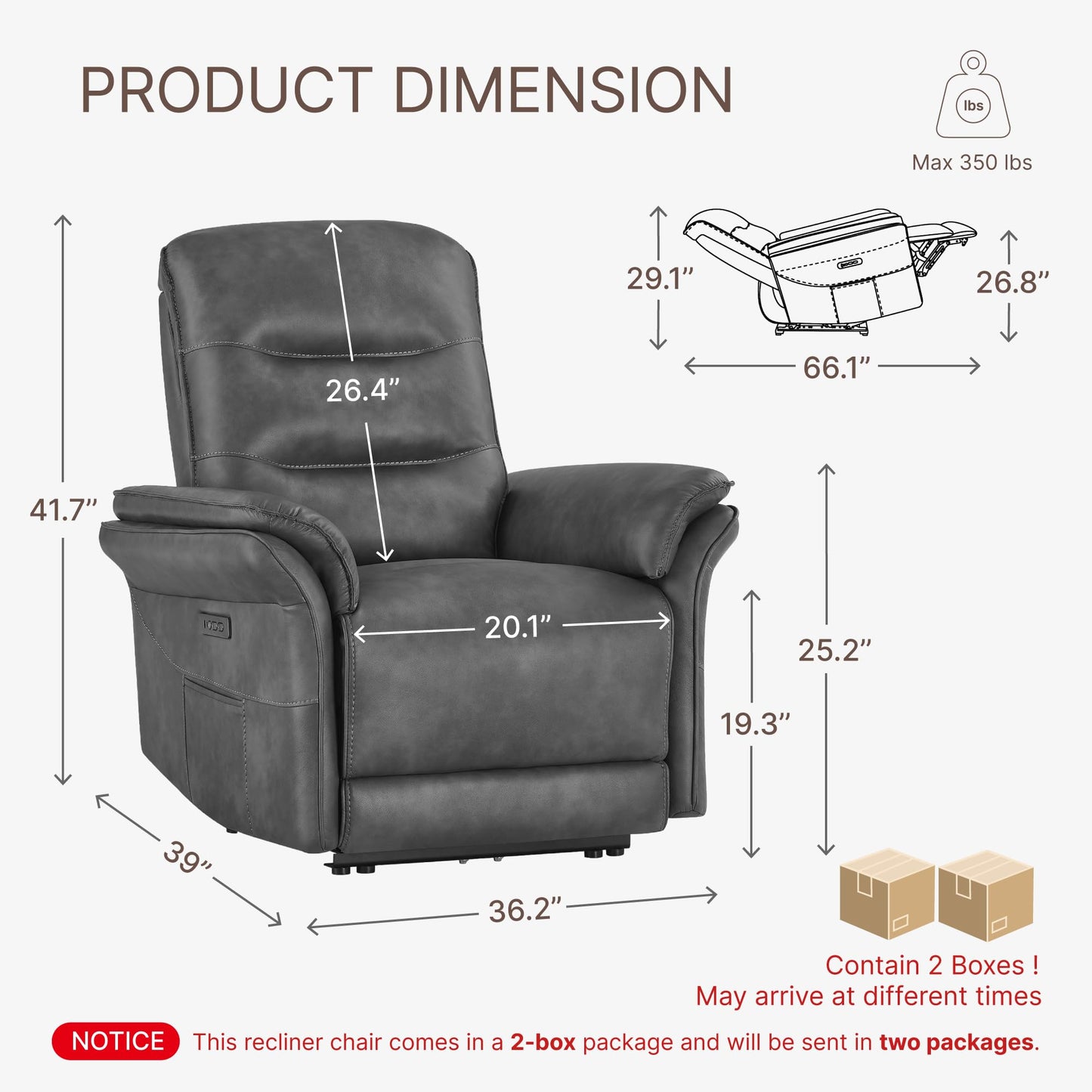 KISLOT Power Recliner Chair with Adjustable Headrest and Footrest, Dual Motor Leather Reclining Chair with USB/Type-C Charging, Zero Gravity Modern Electric Recliner for Adults Living Room Bedroom
