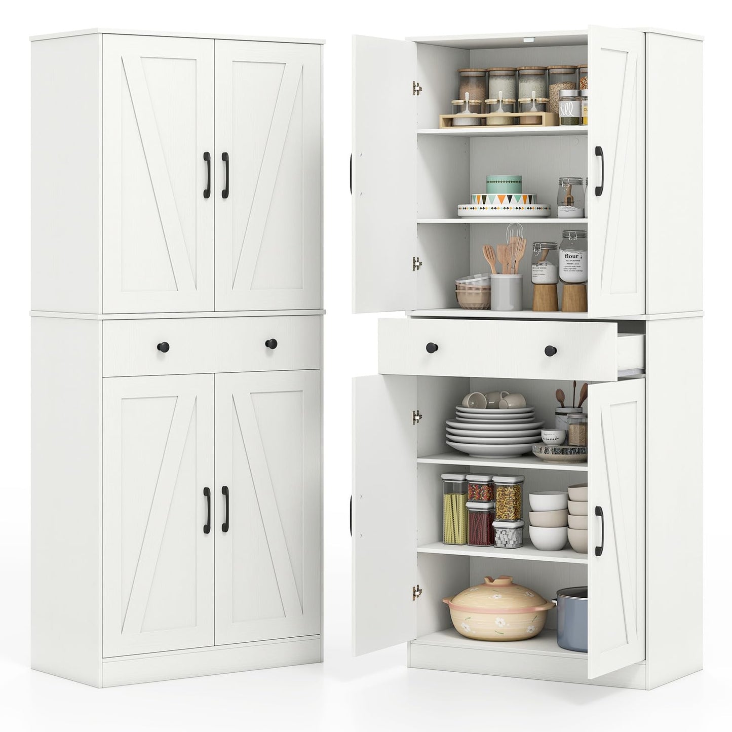 Giantex 72" Tall Kitchen Pantry Cabinet, Modern Farmhouse Pantry Storage Cabinet with 4 Barn Doors, Adjustable Shelves & Drawer, Buffet Cupboard with Living Room, Dining Room, Bathroom, White
