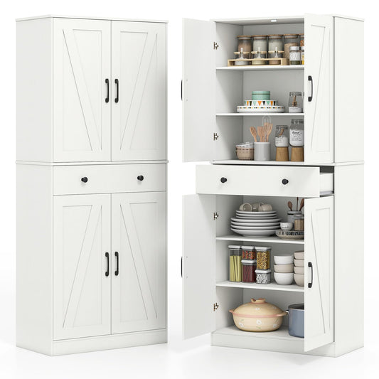 Giantex 72" Tall Kitchen Pantry Cabinet, Modern Farmhouse Pantry Storage Cabinet with 4 Barn Doors, Adjustable Shelves & Drawer, Buffet Cupboard with Living Room, Dining Room, Bathroom, White