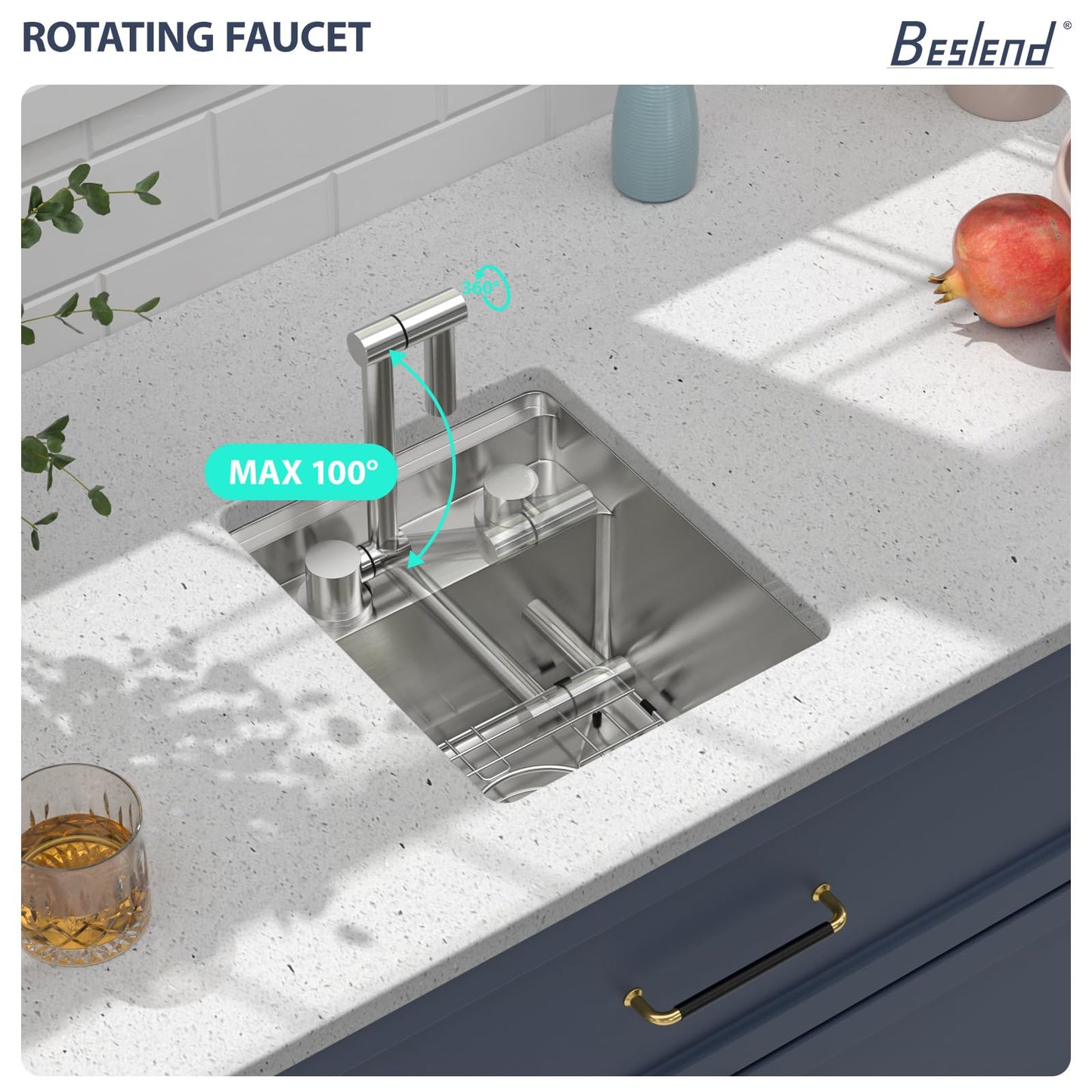 13 Inch Stainless Steel Outdoor Prep Sink - Beslend 16 Gauge Undermount Bar Sink with Folding Faucet & Cover, Waterproof for Indoor/Outdoor Kitchen, Grill Station, Poolside,13x15x9 In