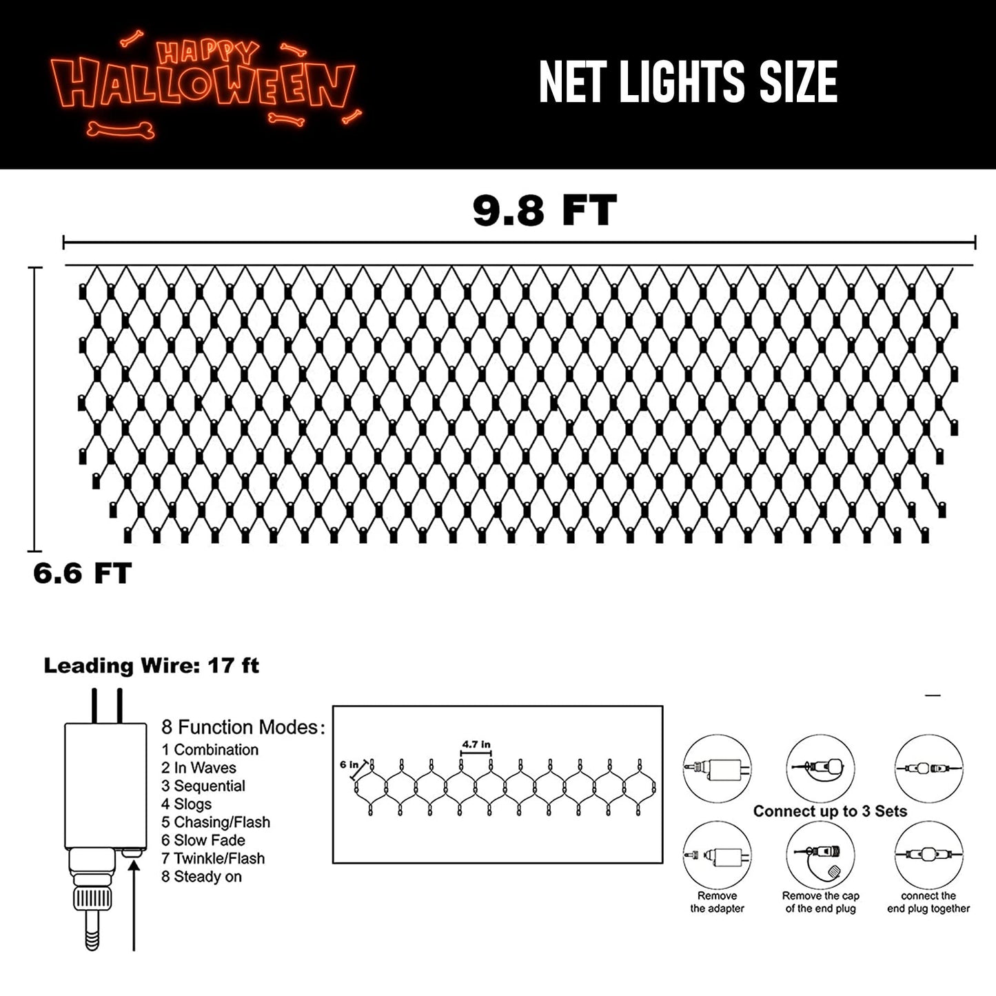 Dazzle Bright 200 LED Net Lights, 9.8 FT x 6.6 FT, Connectable Mesh Lights, Clear Wire, Purple & Orange, Model HB-360WCOI