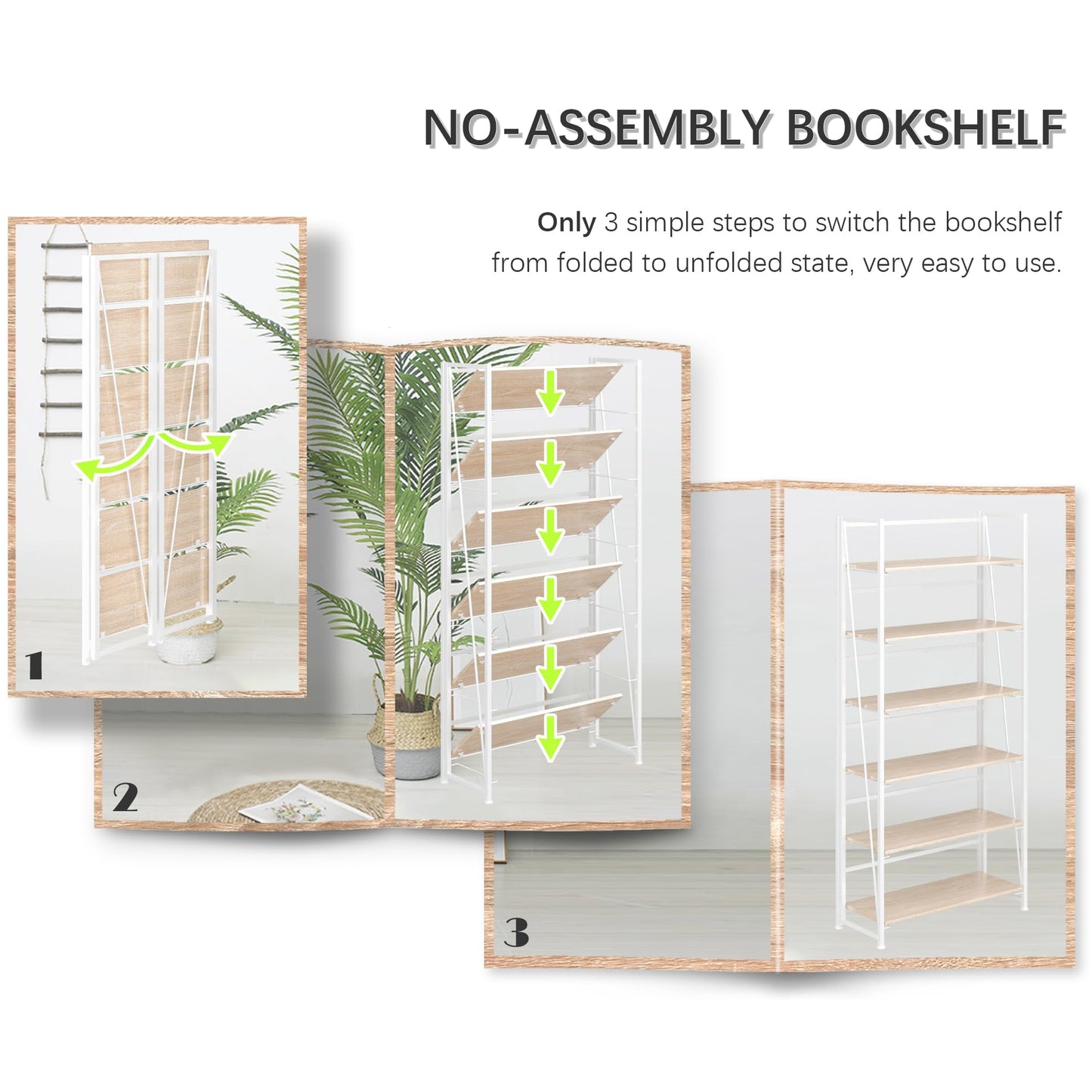 4NM No Assembly Folding Bookshelf, 6-Shelf 74" H Collapsible Foldable Bookcase Storage for Small Spaces, Natural White