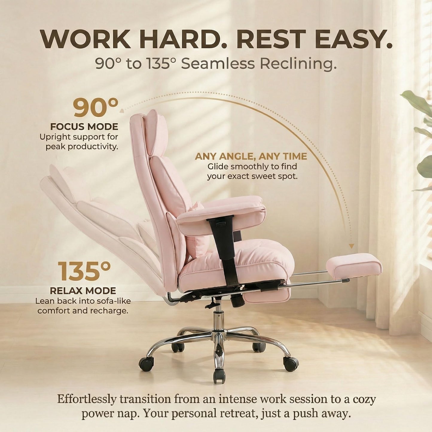 Efomao Big and Tall Office Chair 400lbs - Heavy Duty Reclining Desk Chair with Footrest, Spacious High Back PU Leather Executive Chair, Double-Layer Spring Support, Pink