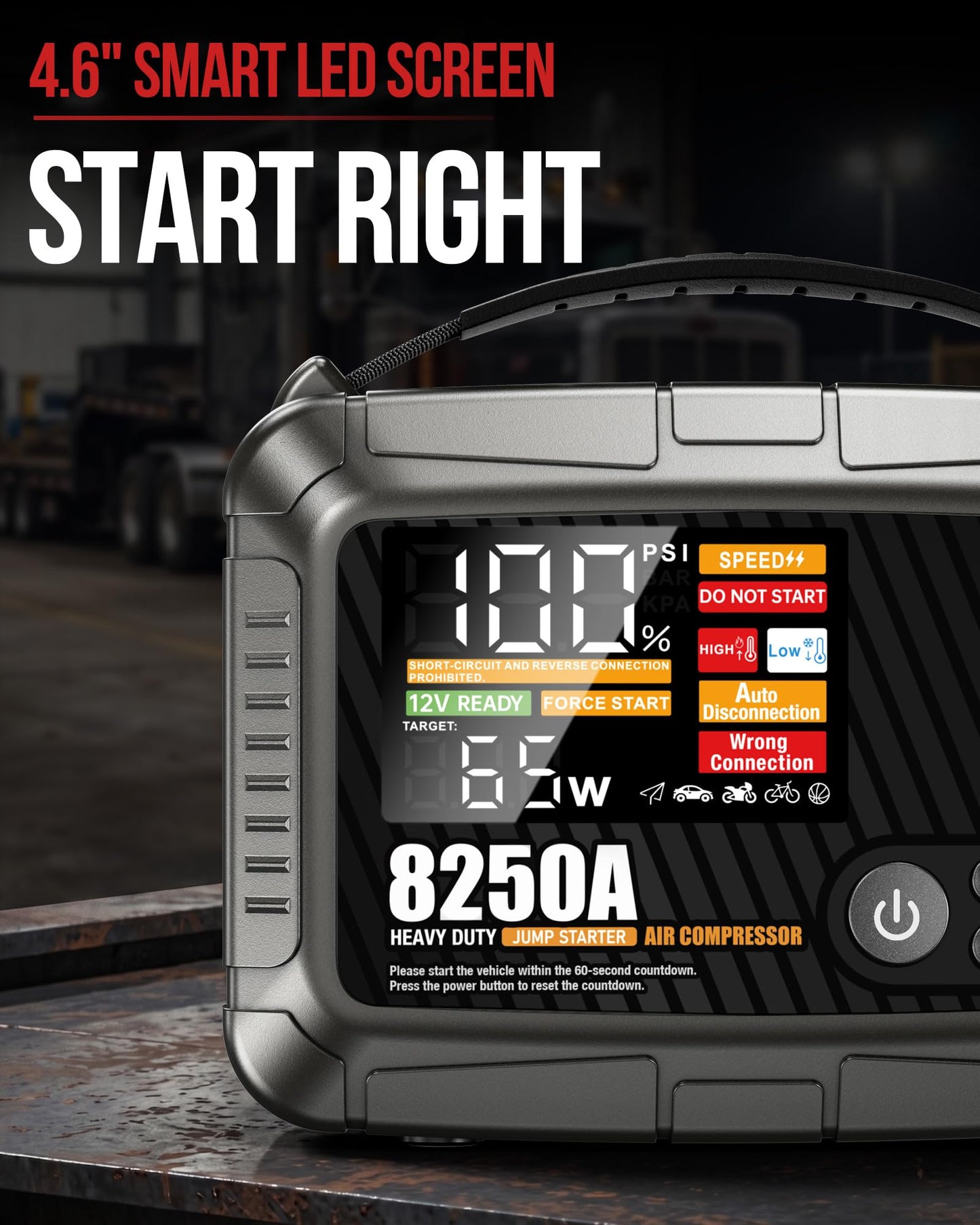JFEGWO 8250A Heavy Duty Jump Starter with Air Compressor, 32000mAh 65W Fast Charging Portable Car Battery Booster Power Pack (for All Gas 12L Diesel), 150 PSI Tire Inflator, HD Display 12V Jump Box