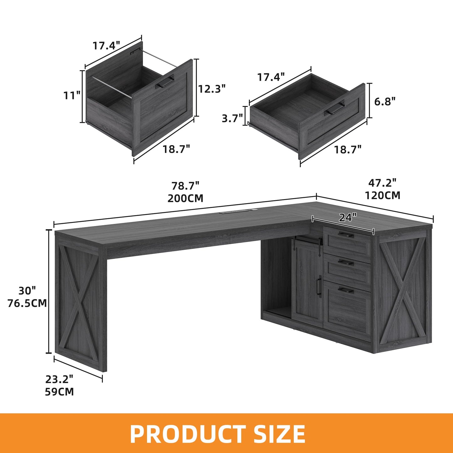 Meowloday 78'' Farmhouse L Shaped Desk, Large Home Office Desk with File Drawer and Charging Station, Computer Corner Desks with Sliding Barn Door & Storage Cabinet for Office Home, Bedroom, Grey