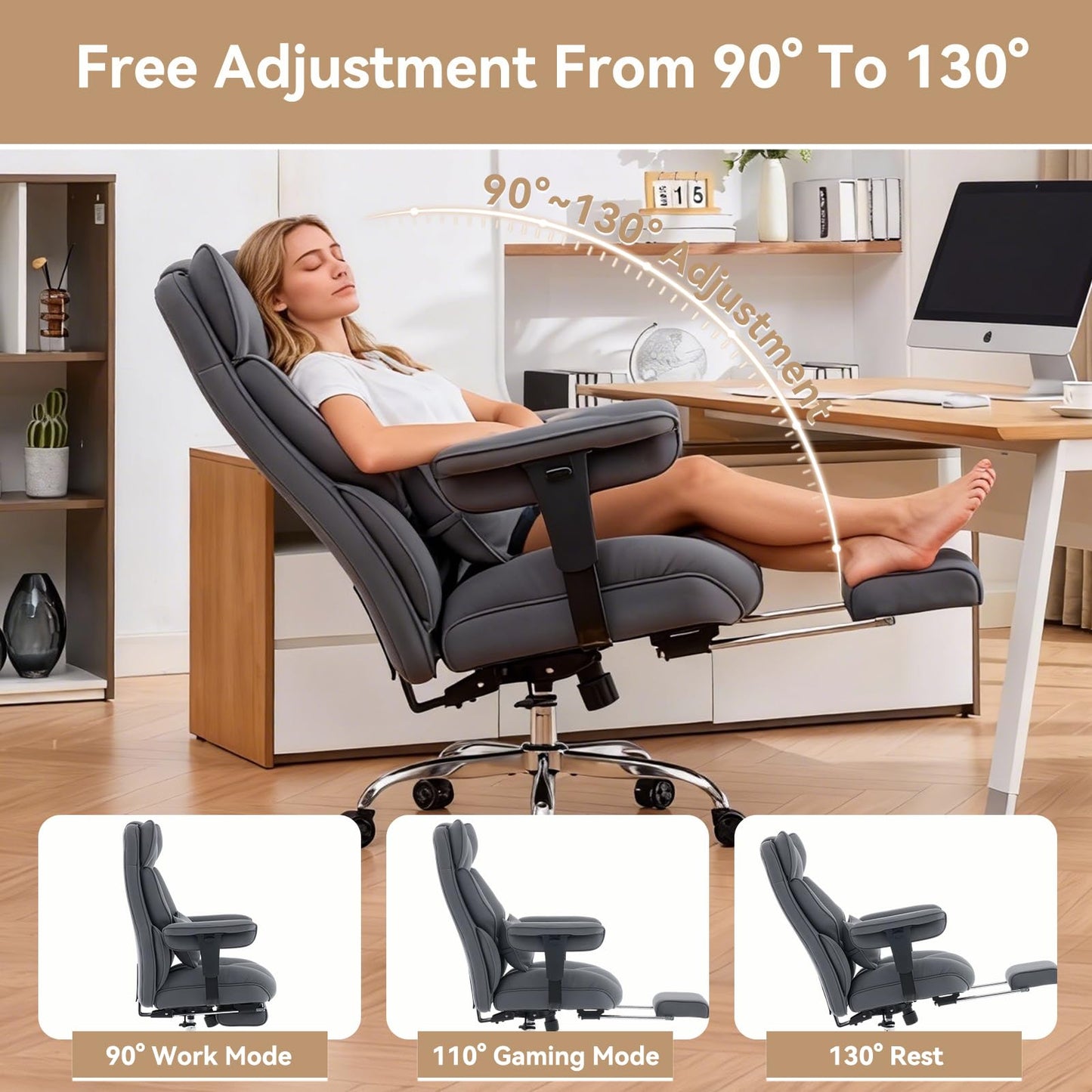 Efomao Big and Tall Office Chair with Footrest, 350lbs Heavy Duty Desk Chair, Extra Wide High Back Executive Office Chair for Long Hours, Reclining Home Office Chair with Breathable Fabric, Blue Grey