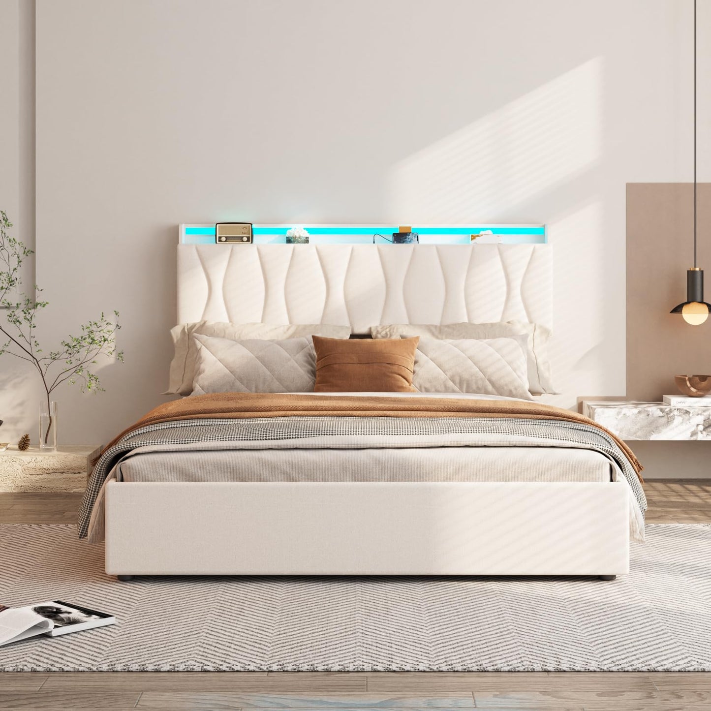 Fameill Queen Size Lift Up Storage Bed Frame with Adjustable Headboard, Charging Station, LED Lights, Wood Slats, Noise-Free, No Box Spring Needed, Beige