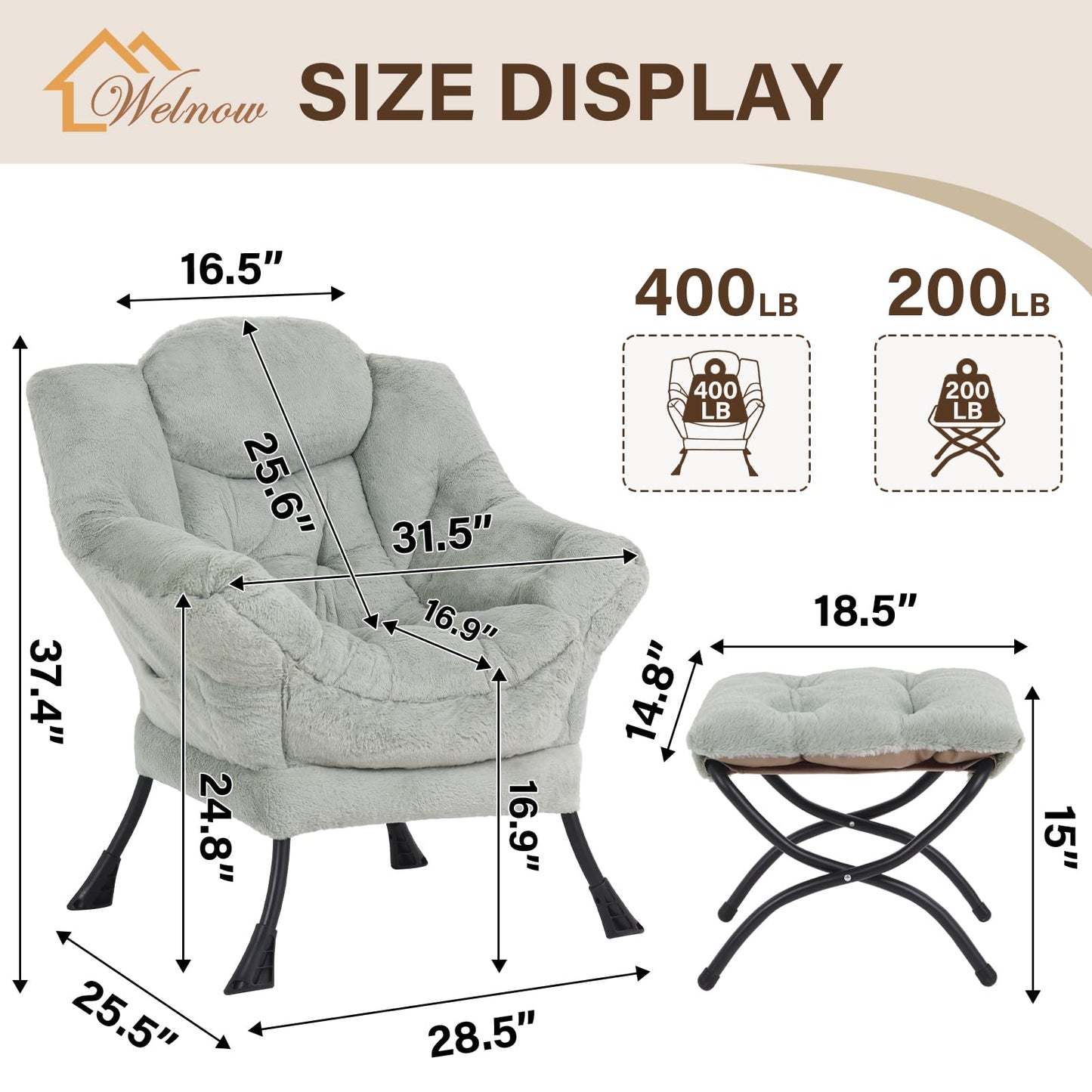 Welnow Lazy Chair with Ottoman, Modern Accent Chair with Armrests and a Side Pocket, Leisure Sofa Armchair, Reading Armchair with Footrest for Small Space, Plush Green