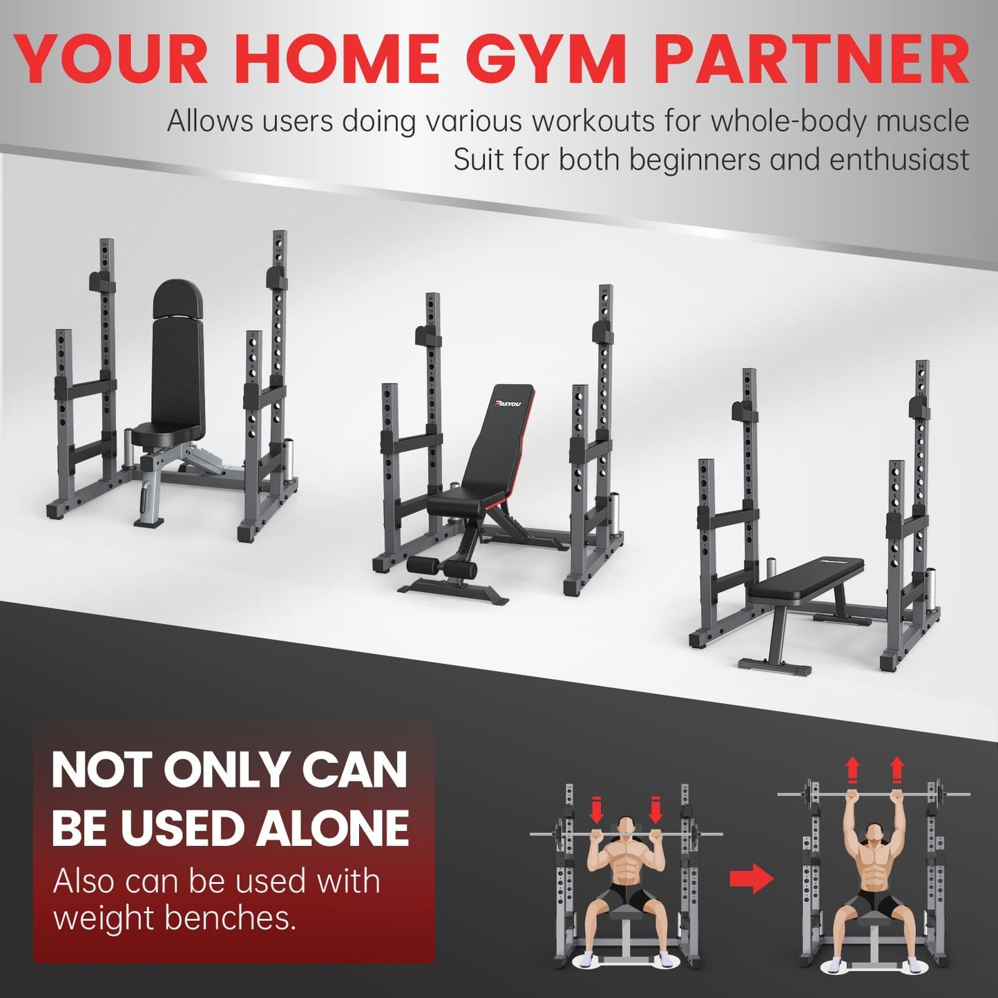 PASYOU Adjustable Squat Power Rack, Multifunction Squat Rack Heavy-Duty Stand, Weight Rack Stand, Push Up Strength Training Dumbbell Rack for Home Gym Equipment, Weight Benches, Max Load 1800 LBS