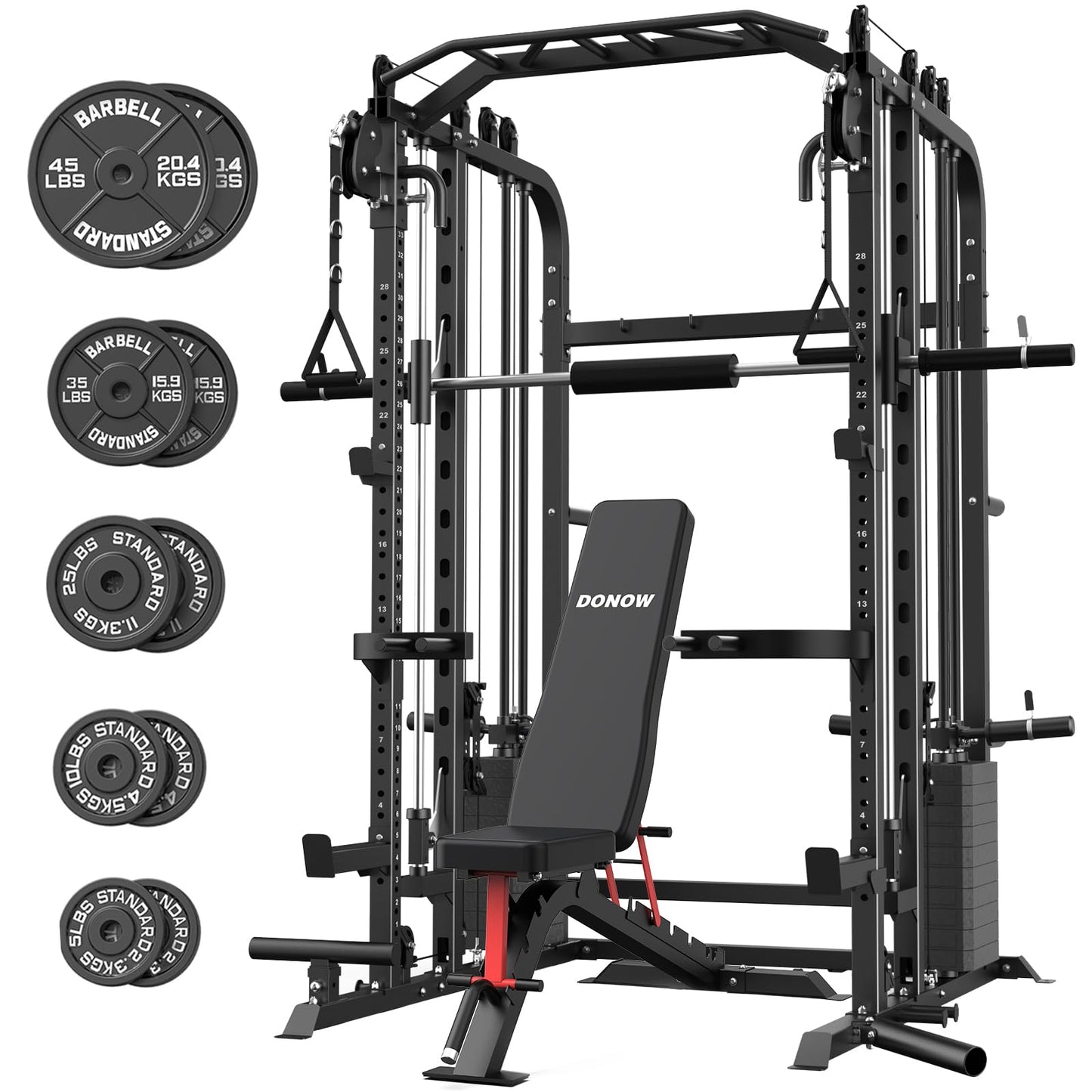 DONOW Smith Machine with Weight Stacks, Power Cage Home Gym System with LAT Pulldown Cable Crossover Multi-Functional Trainer with Dual Pulley System with Weight Bench Cast Iron Weight Plates 240lbs