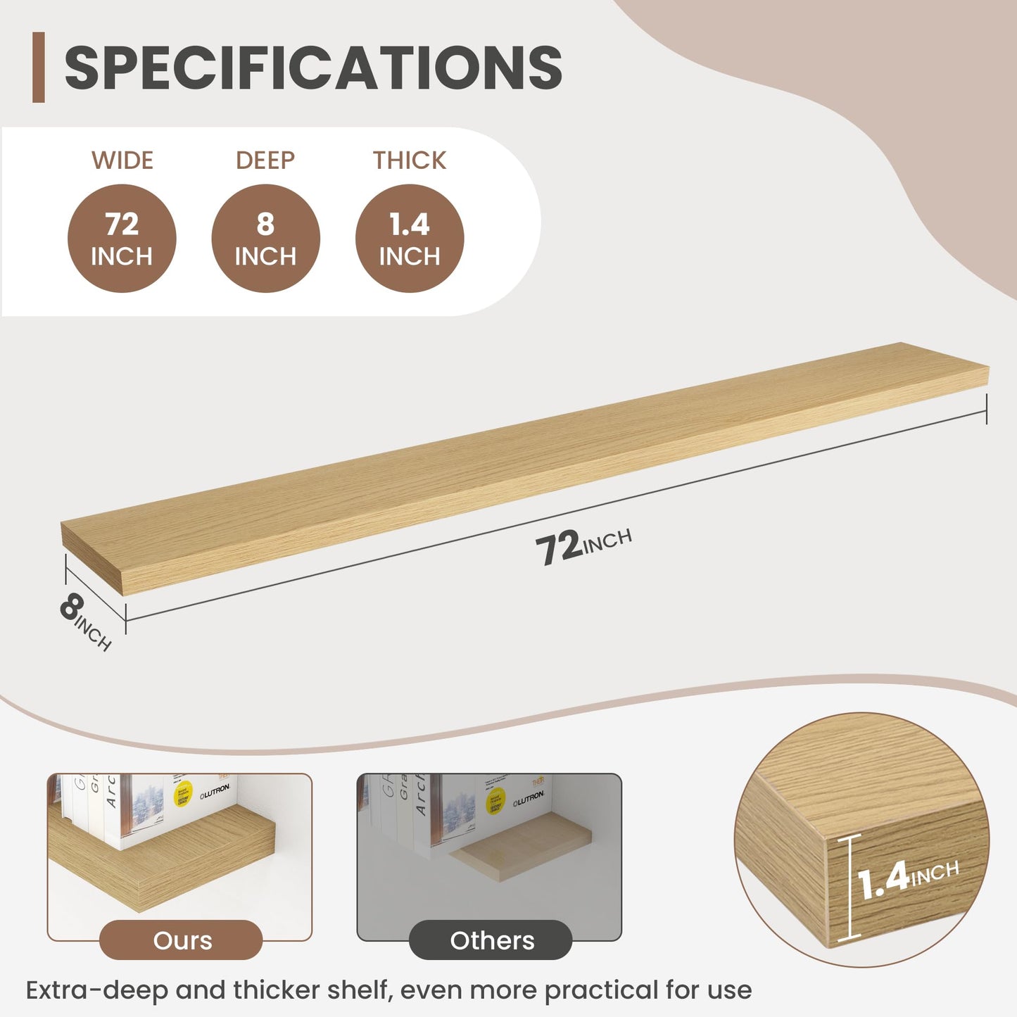 Acovy 72 Inch Floating Shelves, 8 Inch Deep Floating Shelves for Wall, Hanging Shelf with Invisible Brackets, Deep Shelves for Bathroom, Bedroom, Living Room, Oak, Set of 2