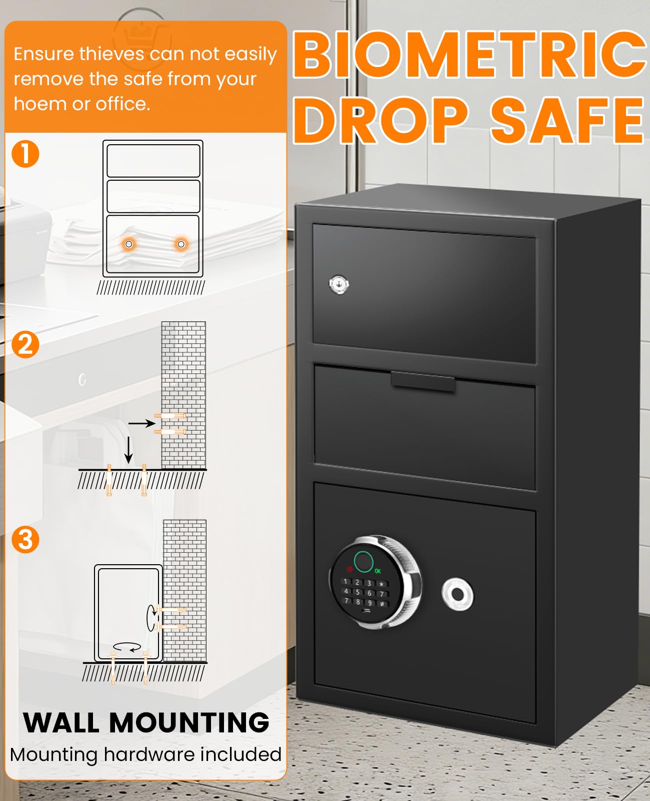 5.8 Cuft Large Biometric Drop Safe for Business, Anti-Theft Fingerprint Safe with Quick Place Drop Slot, Digital Keypad and Spare Key, Safe Box for Home Office Retail Store Business Mail Church