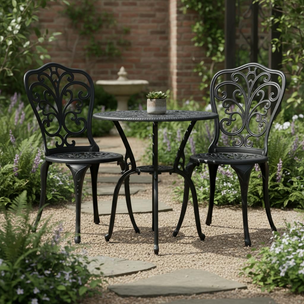 GDFStudio 3-Piece Outdoor Cast Aluminum Patio Bistro Set, Outdoor Bistro Furniture Set with Round Table and 2 Chairs for Patio, Balcony, Porch, Garden & Backyard, Weather-Resistant Patio Set, Black